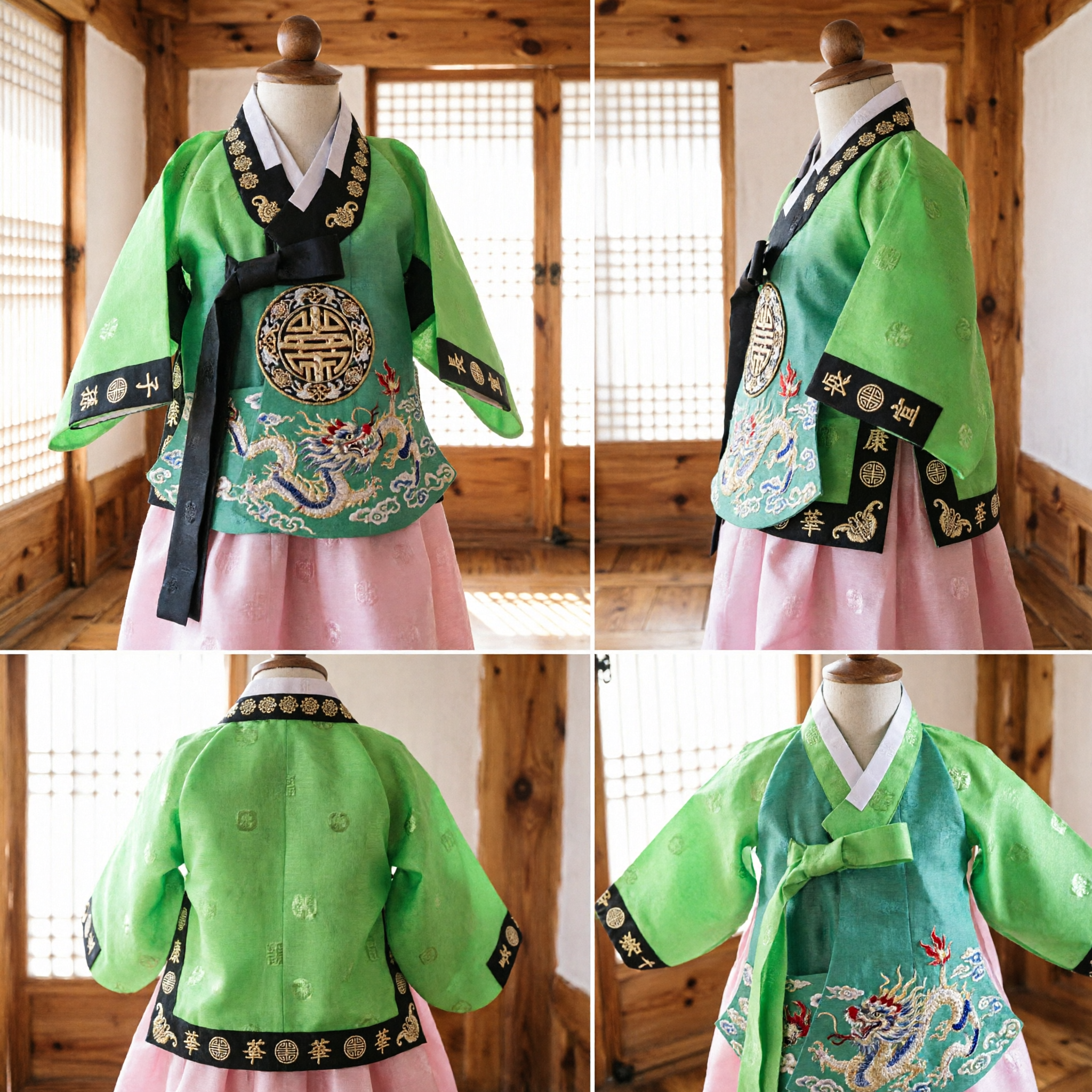 Traditional Korean Hanbok Dolbok for Boys First Birthday Ceremony Green Jeogori with Gold Embroidery and Pink Pants