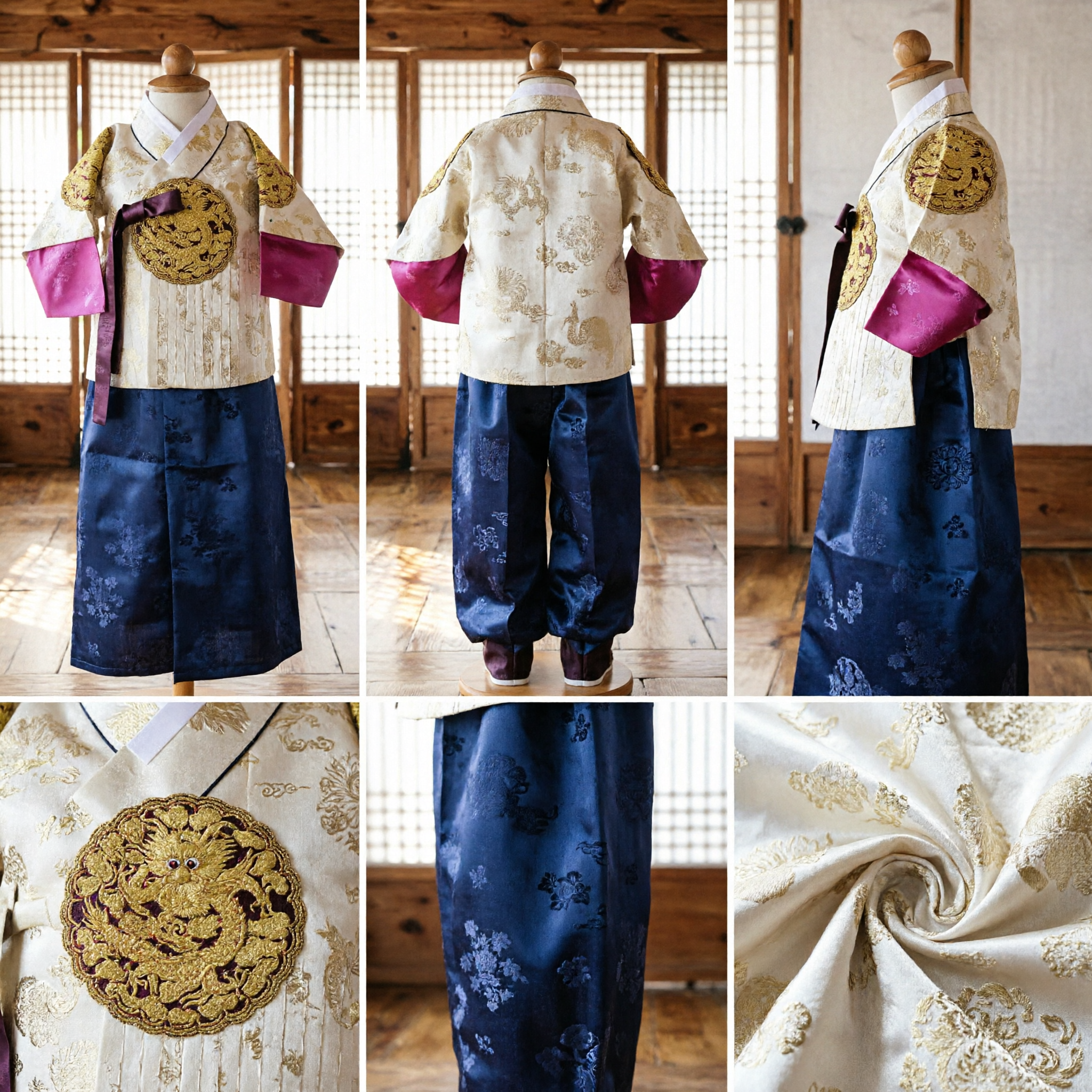 Traditional Korean Hanbok for Boys Gold Dragon Embroidered Top and Navy Pants for Wedding Ceremony