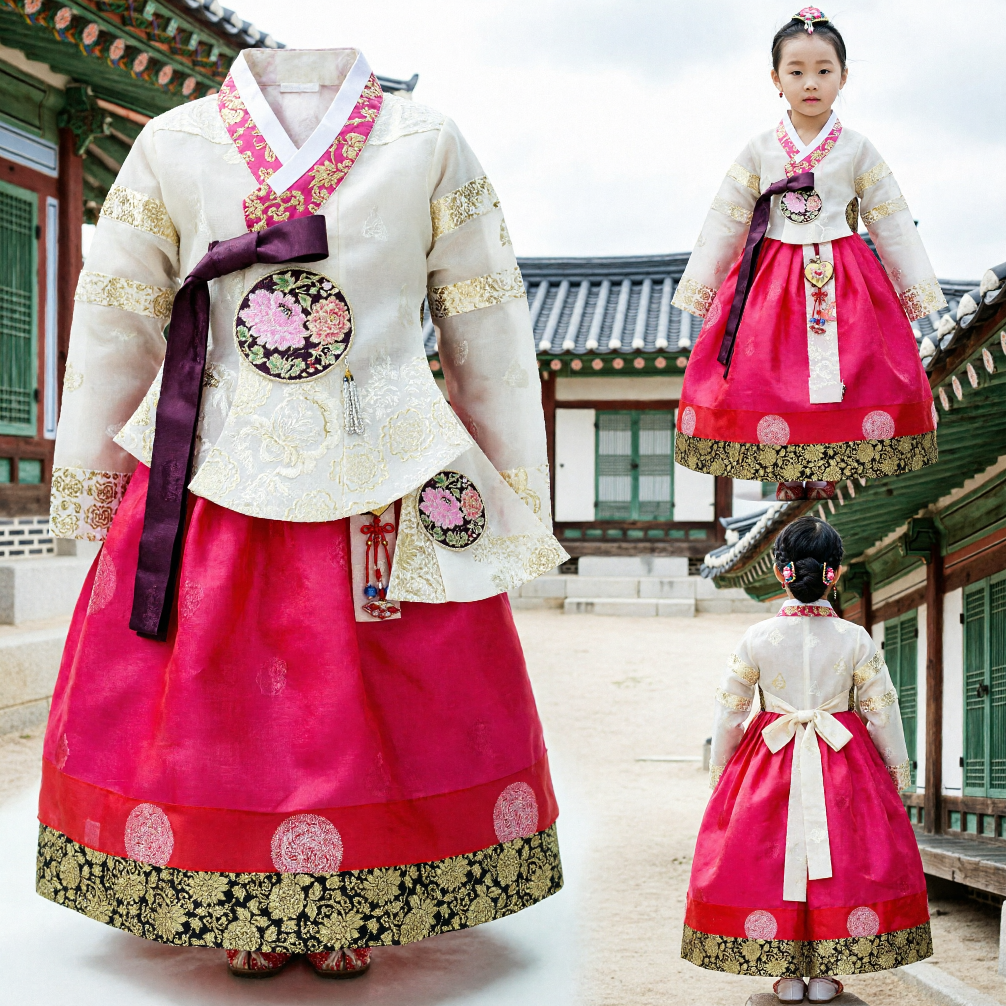 Girls Traditional Korean Hanbok Set White Sheer Top Pink Skirt Kids Formal Costume Dress