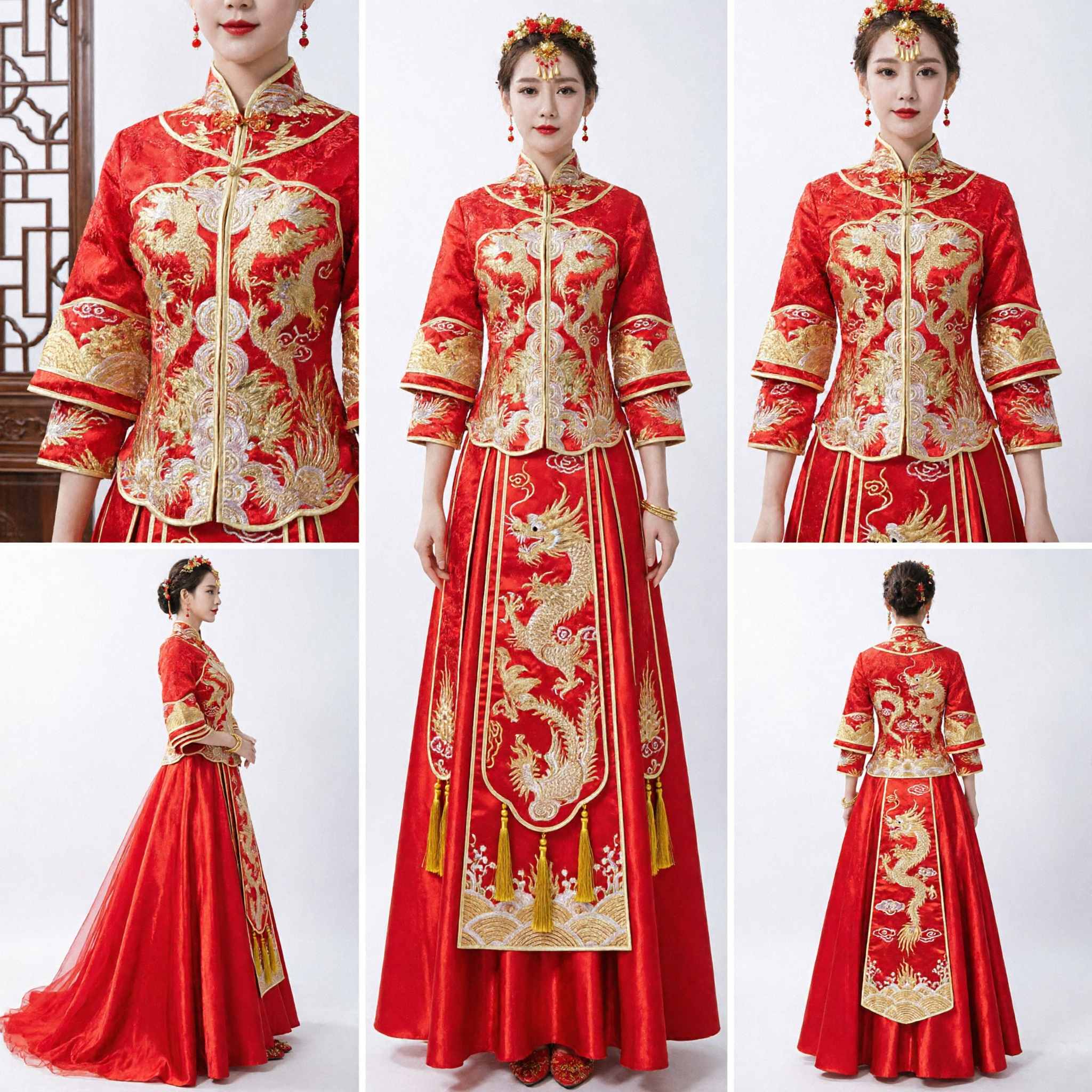 Traditional Chinese Wedding Dress Red Dragon Phoenix Embroidery Xiuhe Suit Bridal Gown for Bride