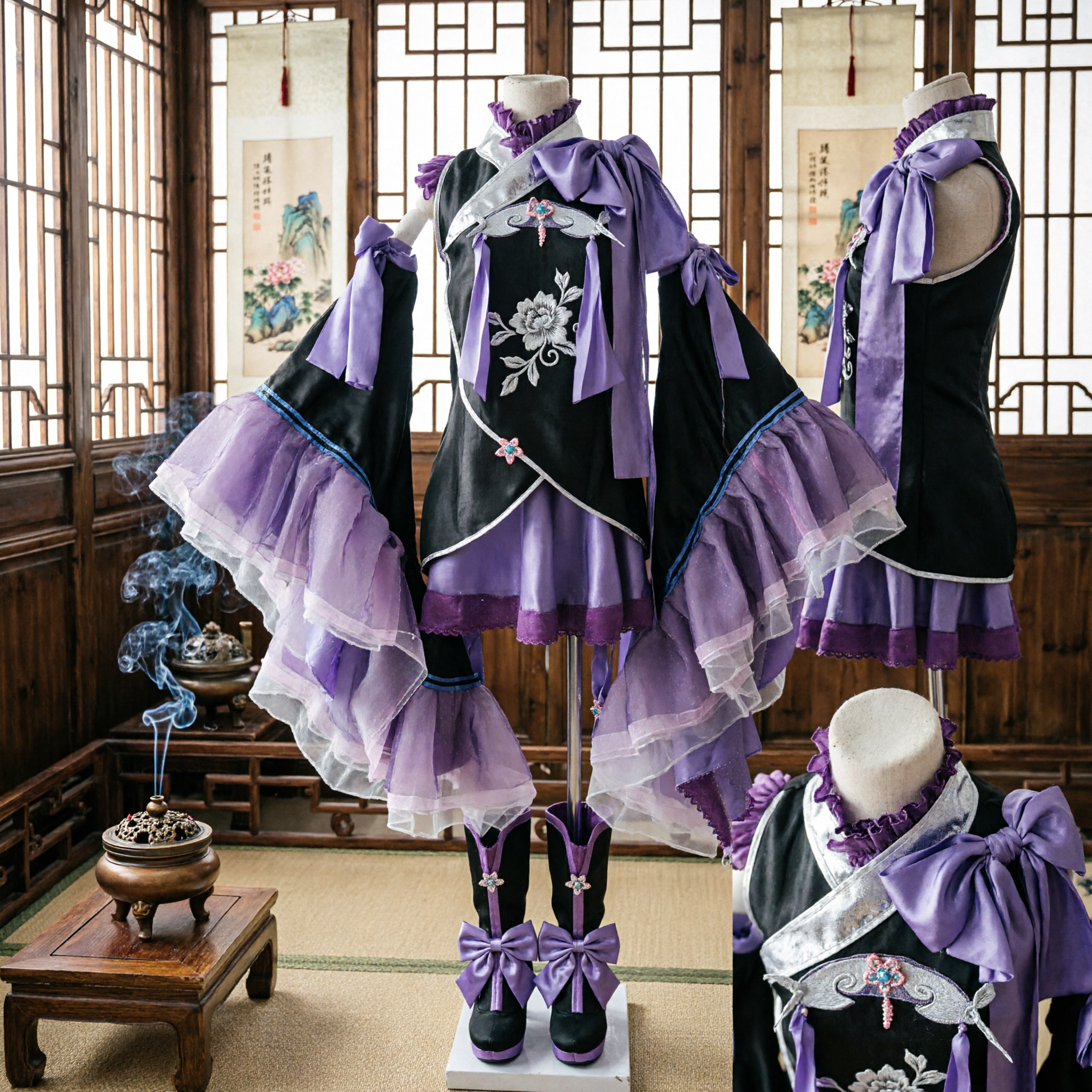 Elegant Purple and Black Fantasy Cosplay Costume with Ruffled Tulle Sleeves for Anime Convention Halloween Roleplay