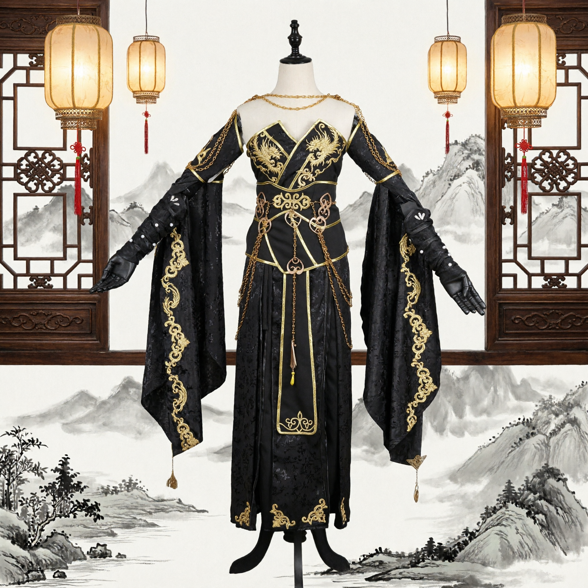 Ancient Chinese Wuxia Assassin Costume Black Gold Embroidered Hanfu Traditional Knight Cosplay Outfit for Women