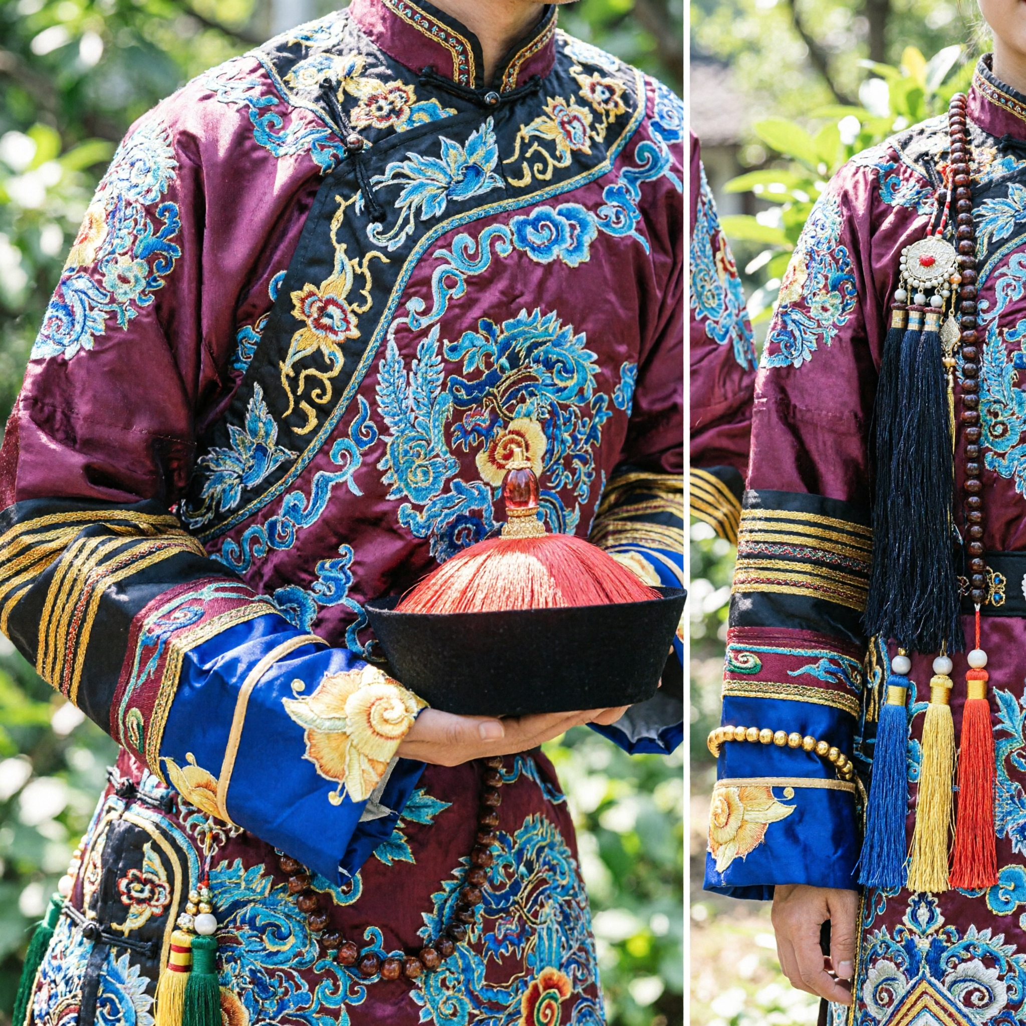 Traditional Chinese Qing Dynasty Emperor Hat Red Tassel Top Black Brim Historical Costume Accessory for Men