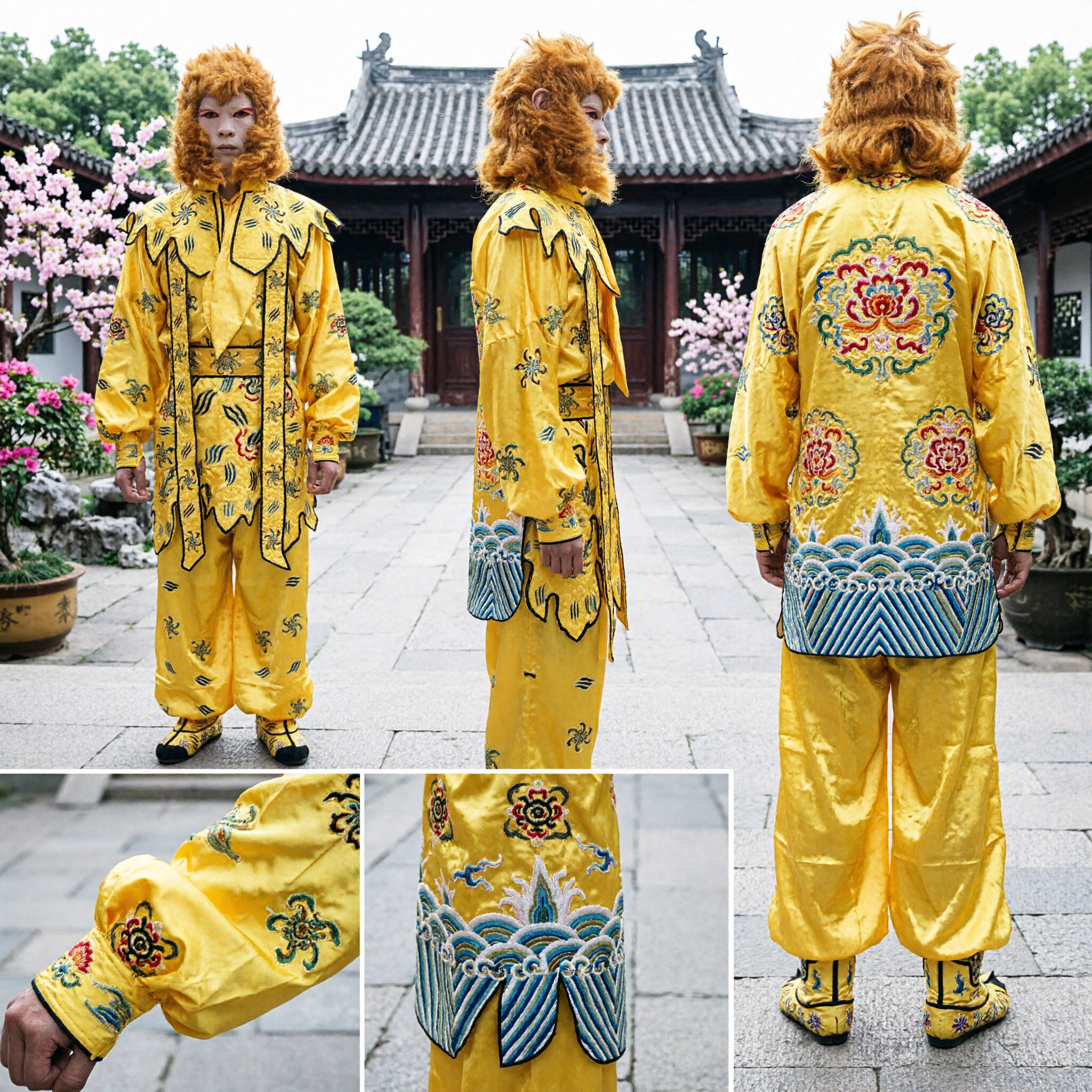 Traditional Chinese Monkey King Costume Yellow Sun Wukong Kung Fu Outfit with Mask for Stage Performance Cosplay