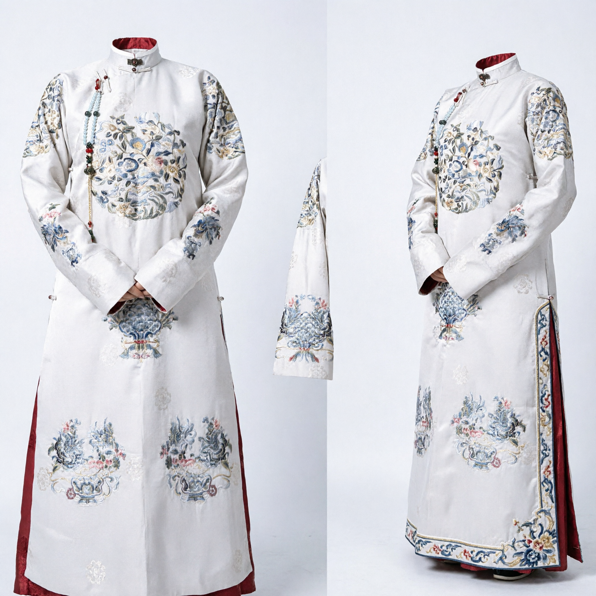 Traditional Chinese Qing Dynasty Costume White Embroidered Manchu Noble Lady Robe for Historical Cosplay