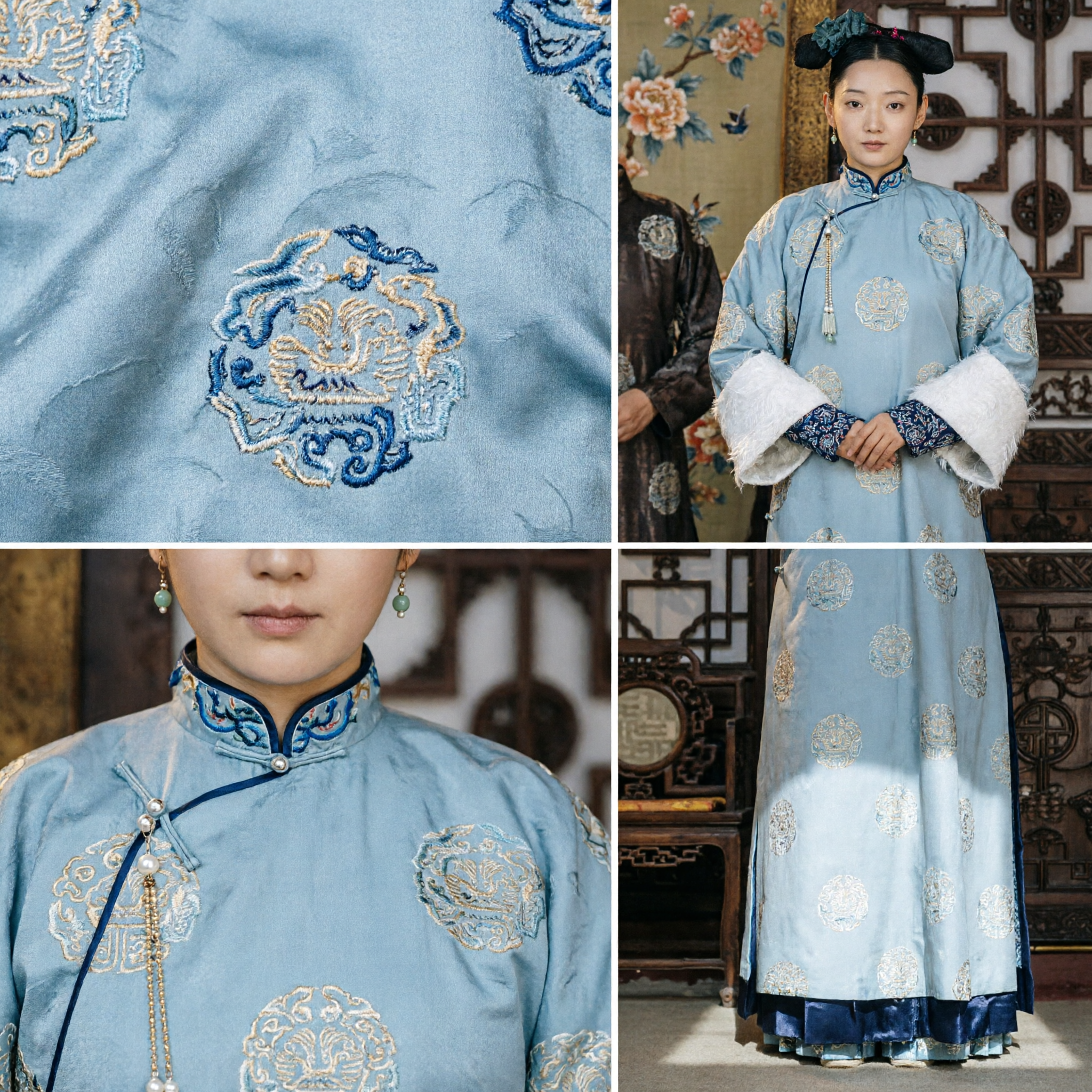 Ancient Chinese Qing Dynasty Noblewoman Costume Traditional Palace Lady Grey Robe Historical Dress for Women