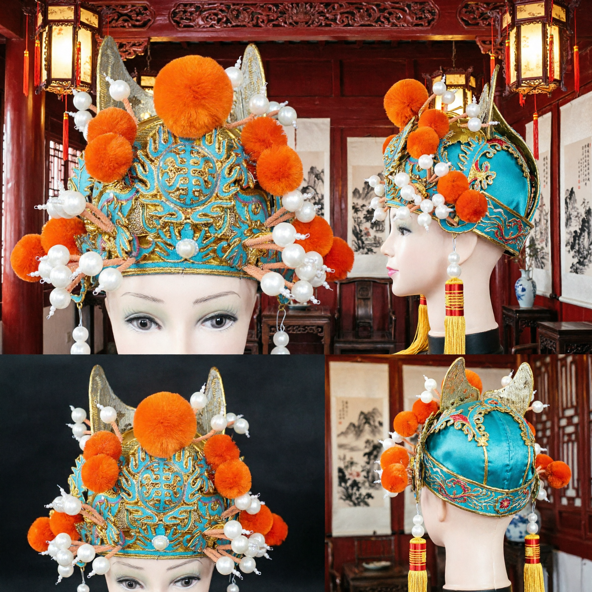 Traditional Chinese Opera Headdress Blue and Gold Phoenix Crown with Orange Pom-poms for Peking Opera Performance