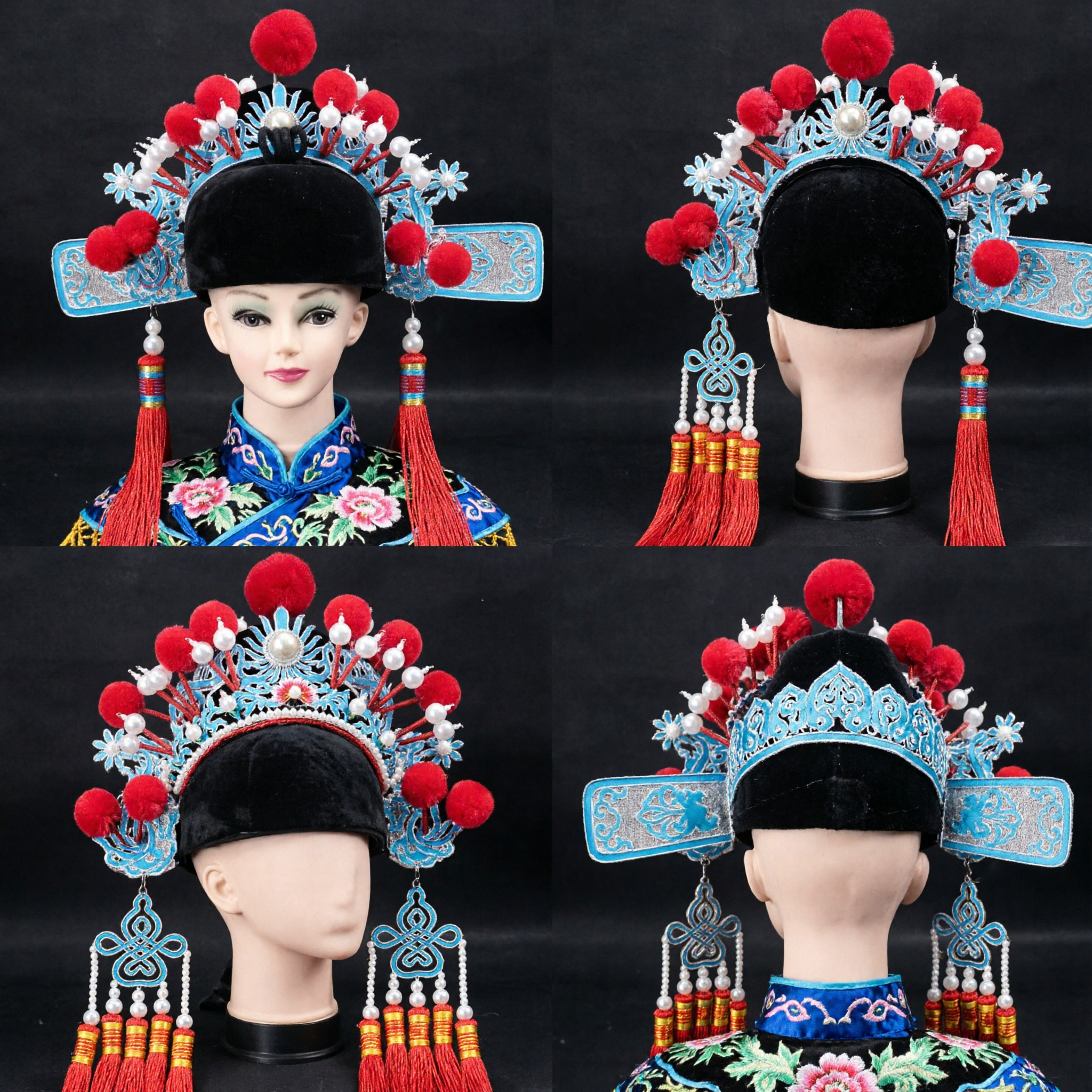 Traditional Chinese Peking Opera General Helmet Headpiece with Red Pom Poms for Stage Costume Performance Accessory