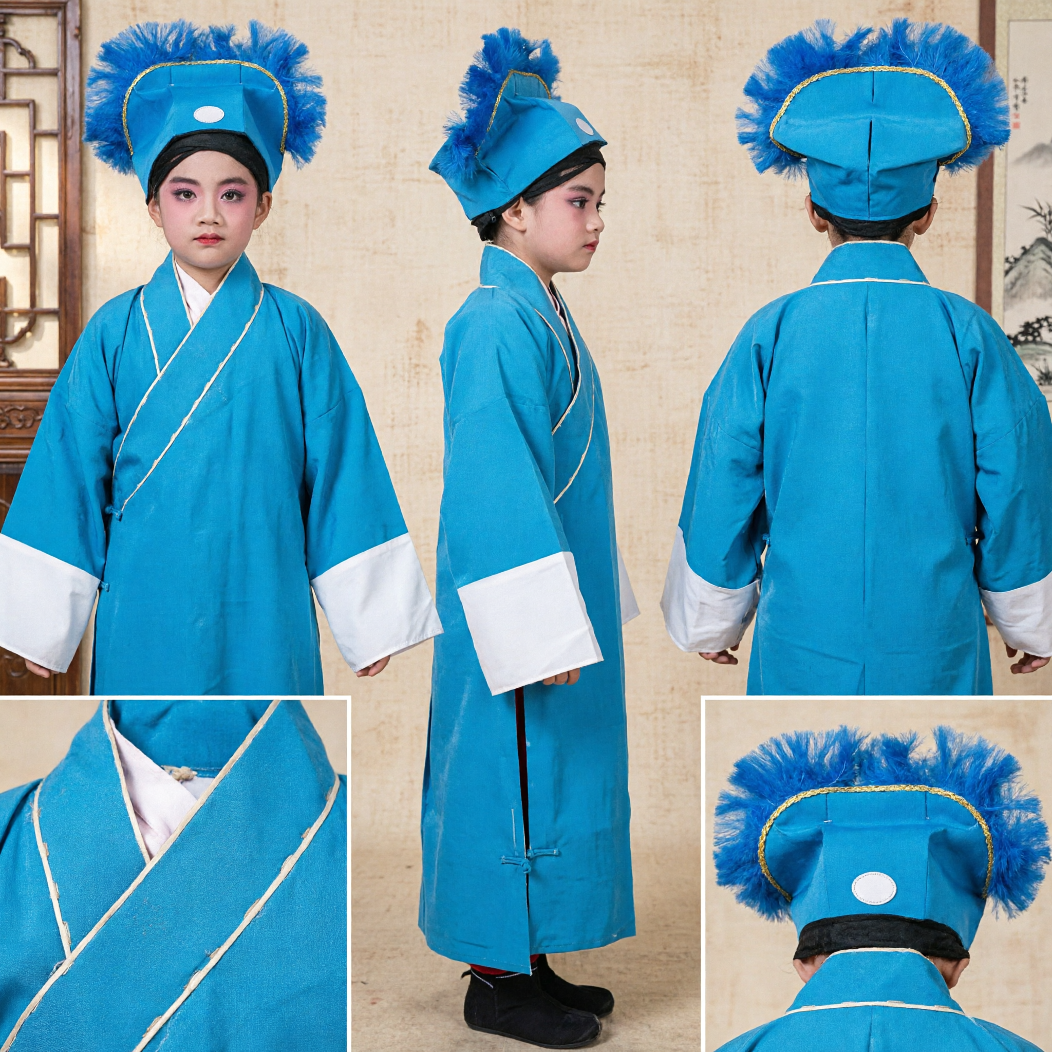 Traditional Chinese Peking Opera Blue Scholar Robe and Hat Costume for Kids Beijing Opera Performance