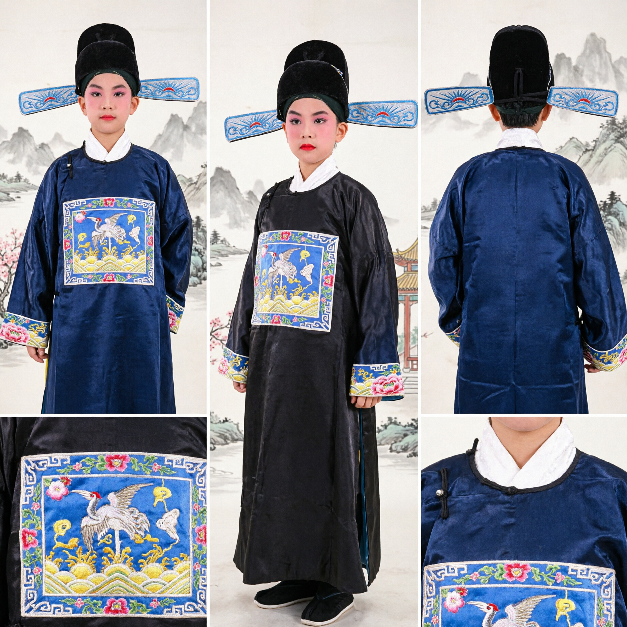 Traditional Chinese Peking Opera Costume for Kids Boys Black Official Robe with Embroidered Crane