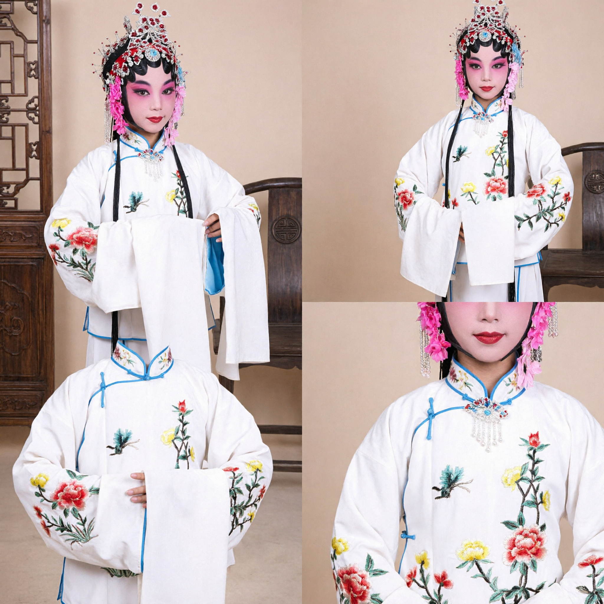 Traditional Chinese Peking Opera Costume for Girls White Floral Embroidery Stage Performance Complete Set