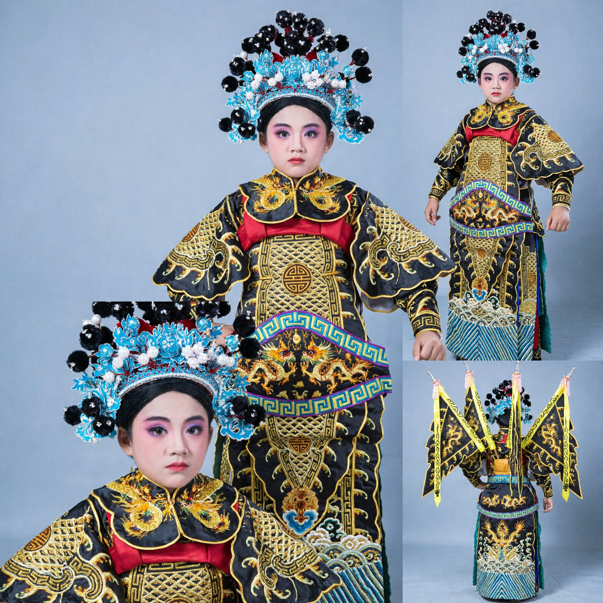 Kids Chinese Peking Opera General Costume Traditional Warrior Armor Set with Dragon Flags and Headdress