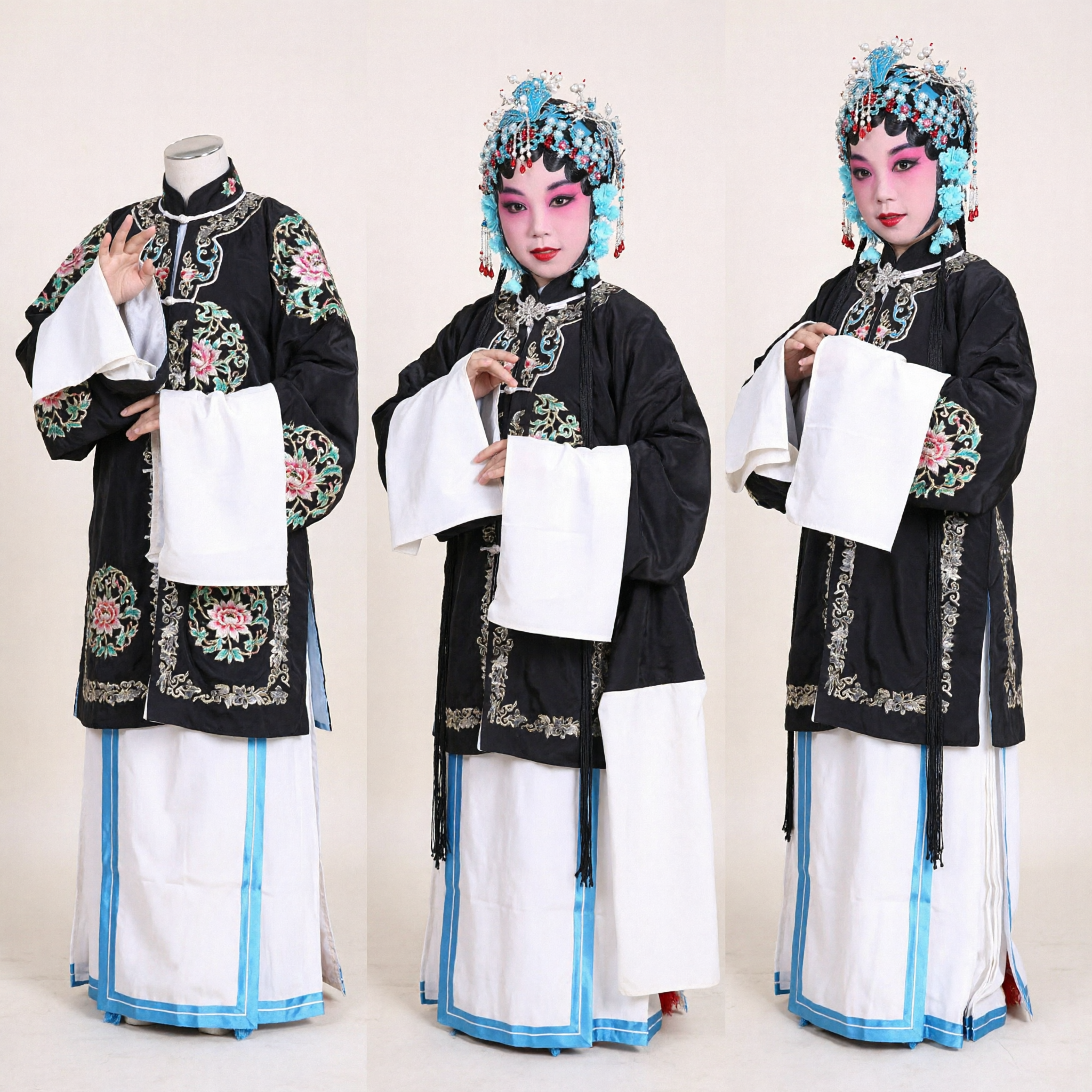 Traditional Chinese Peking Opera Costume for Kids Black Embroidered Robe White Water Sleeves Stage Dress