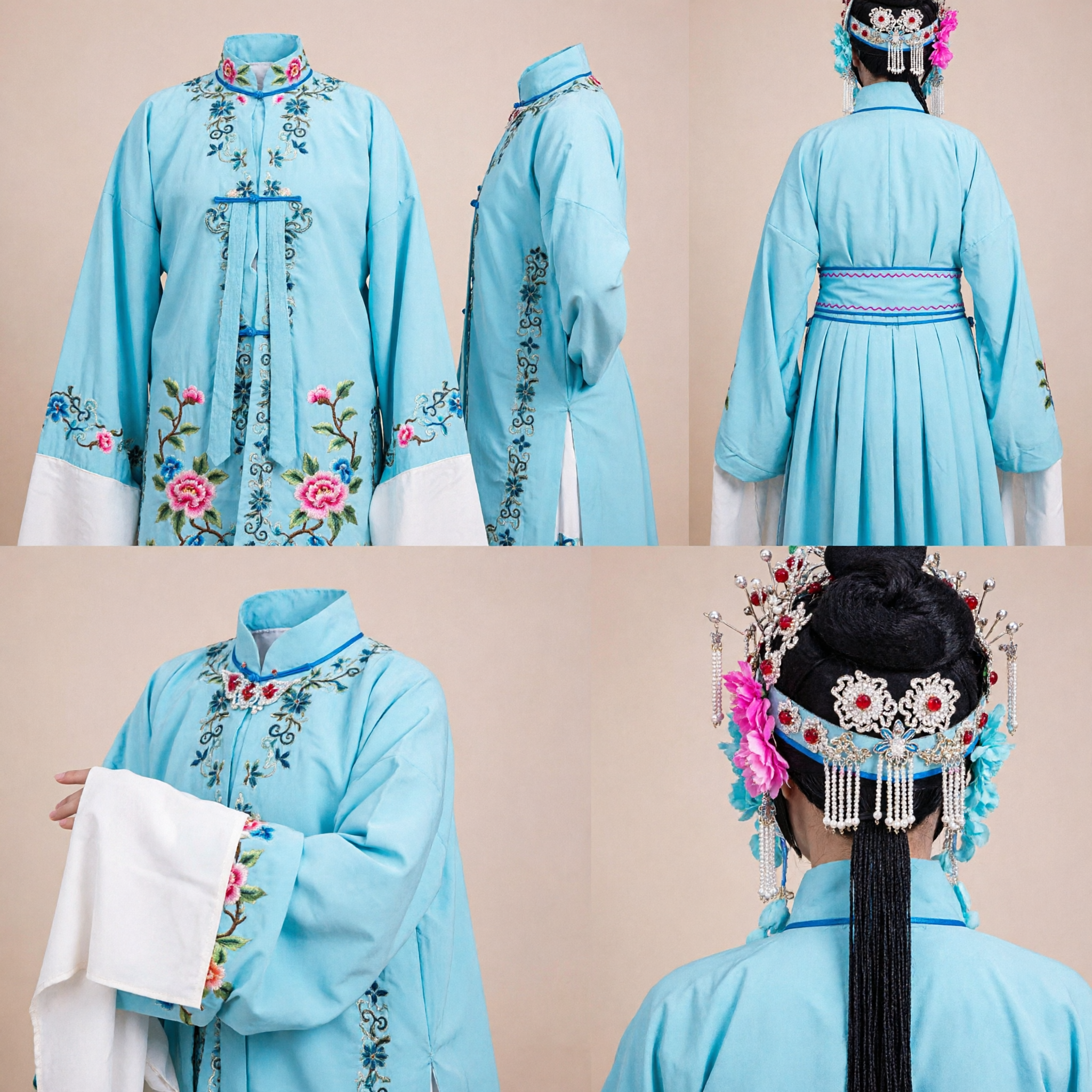 Traditional Chinese Beijing Opera Costume Blue Embroidered Robe and Skirt Set for Female Stage Performance