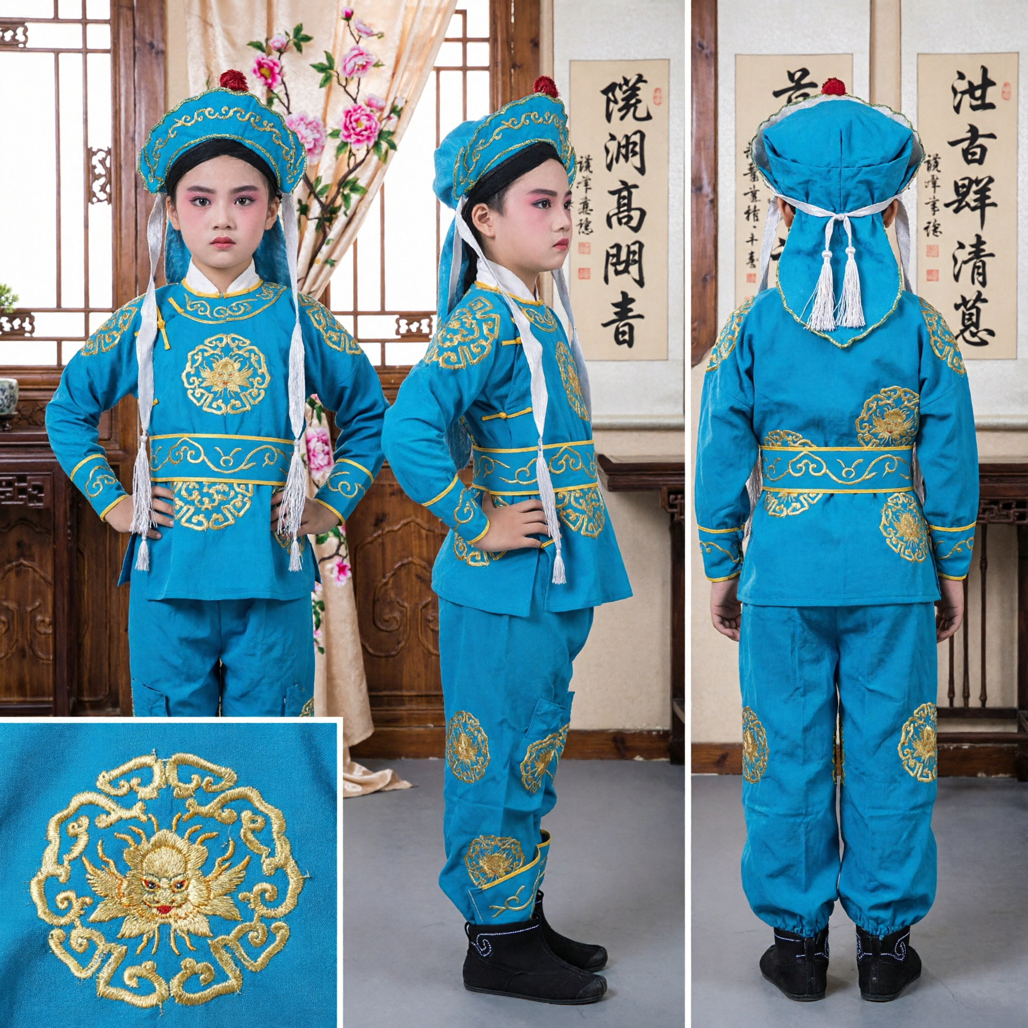 Kids Traditional Chinese Peking Opera Costume Blue Embroidered Scholar Outfit for Boys Stage Performance