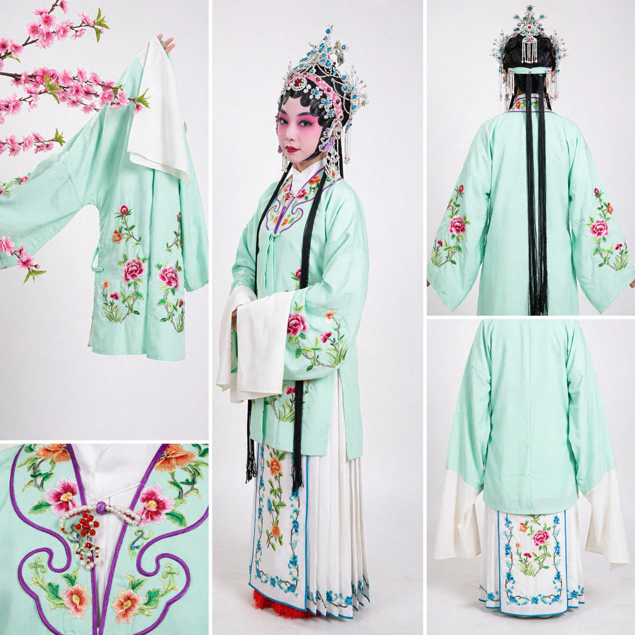 Traditional Chinese Peking Opera Costume Female Dan Role Green Embroidered Dress with Water Sleeves for Stage Performance