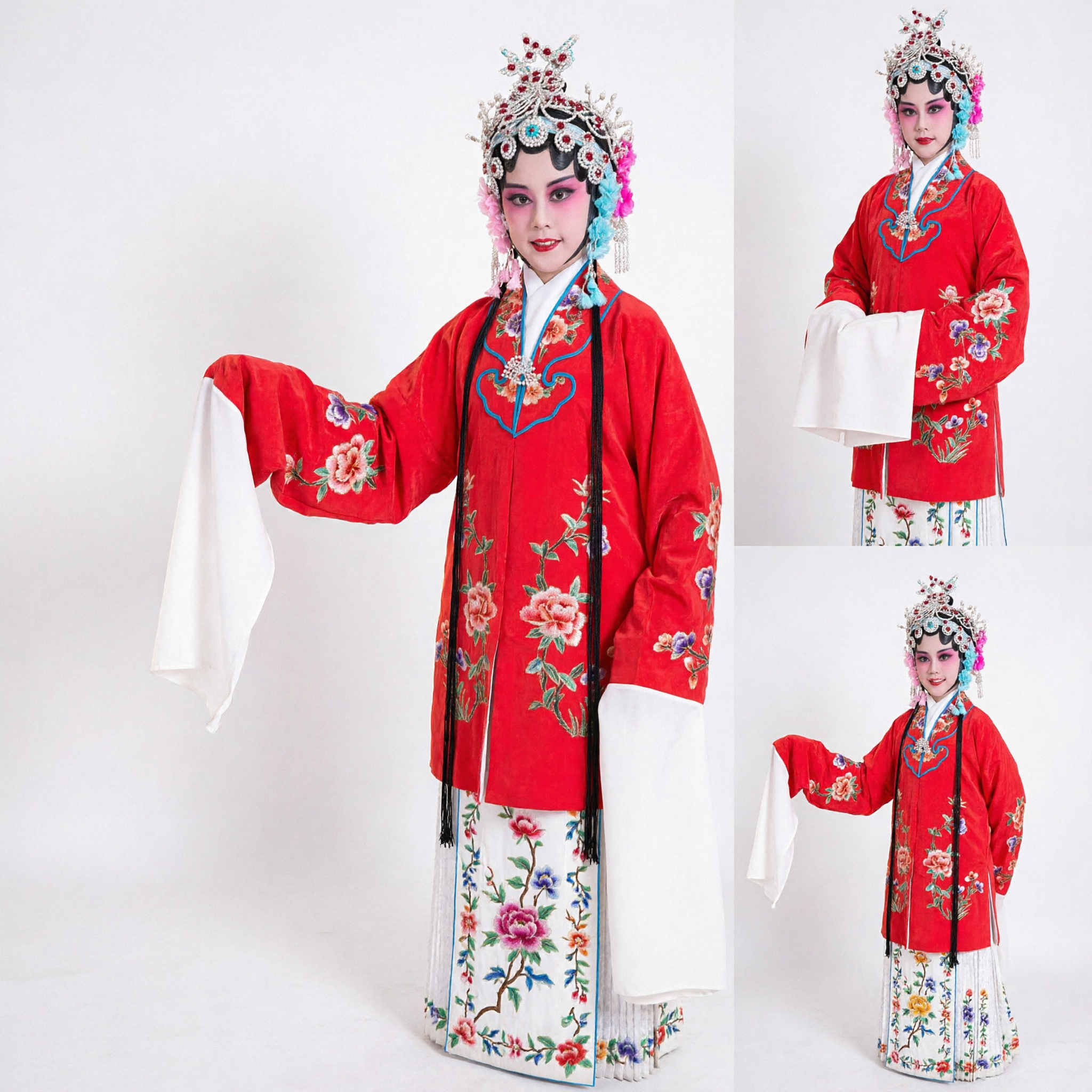 Traditional Chinese Peking Opera Costume Red Robe Floral Embroidery Water Sleeves for Female Stage Performance