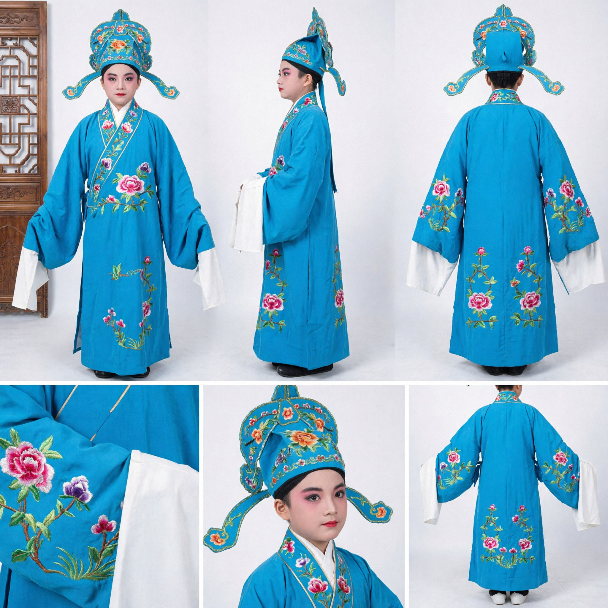 Traditional Chinese Peking Opera Blue Scholar Costume for Kids Complete Stage Performance Set with Hat