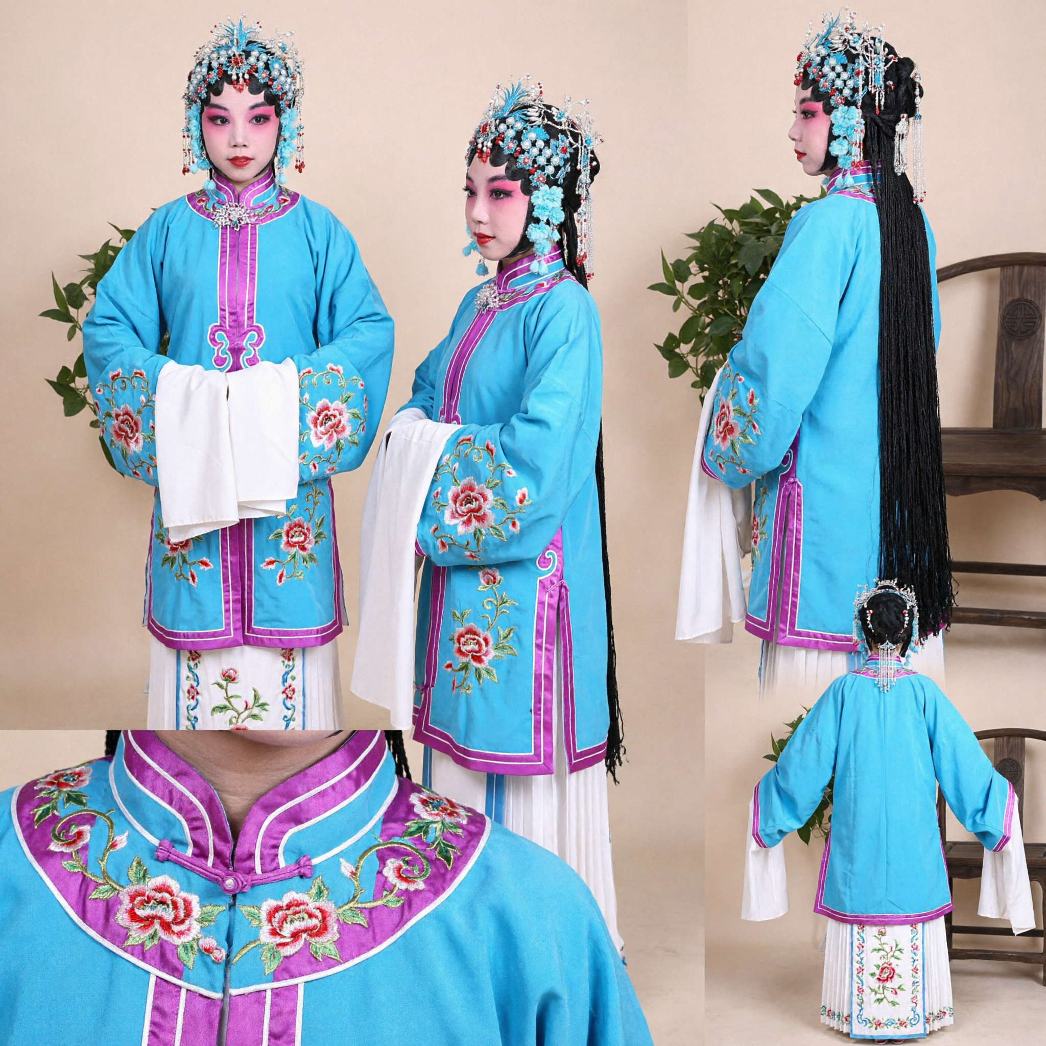 Traditional Chinese Peking Opera Costume Blue Robe with Water Sleeves for Kids Girls Stage Performance Cosplay