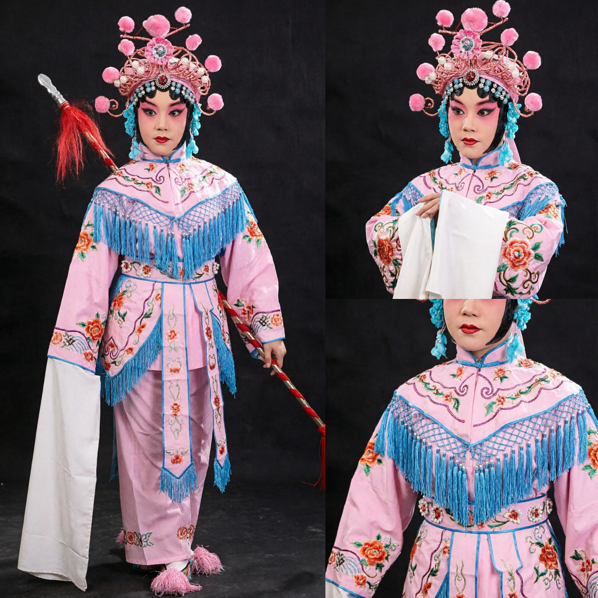 Traditional Chinese Peking Opera Pink Wu Dan Martial Female Warrior Embroidered Costume Set with Headdress for Kids Performance