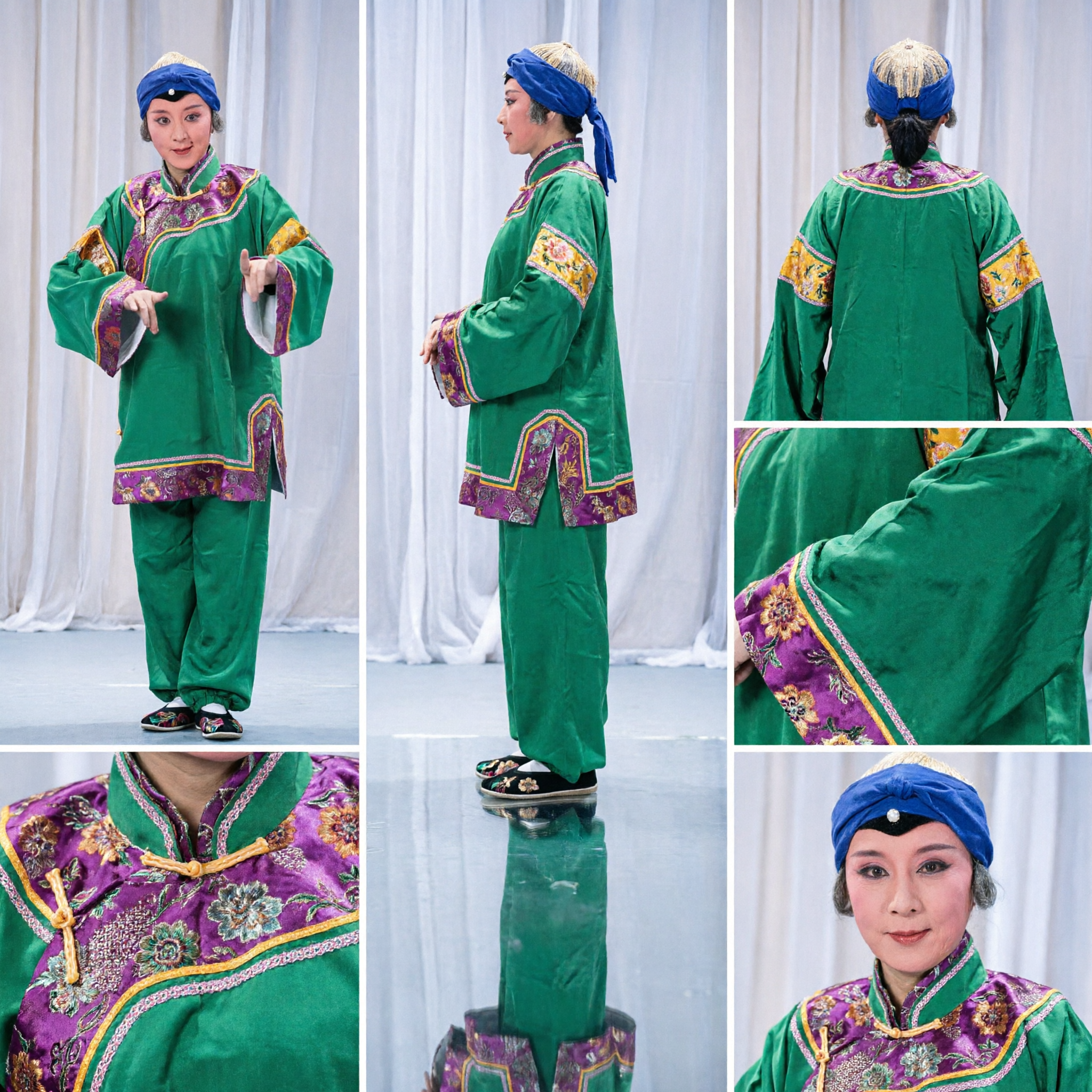 Traditional Chinese Opera Green Robe Costume with Purple Embroidery for Beijing Opera Clown Role Performance