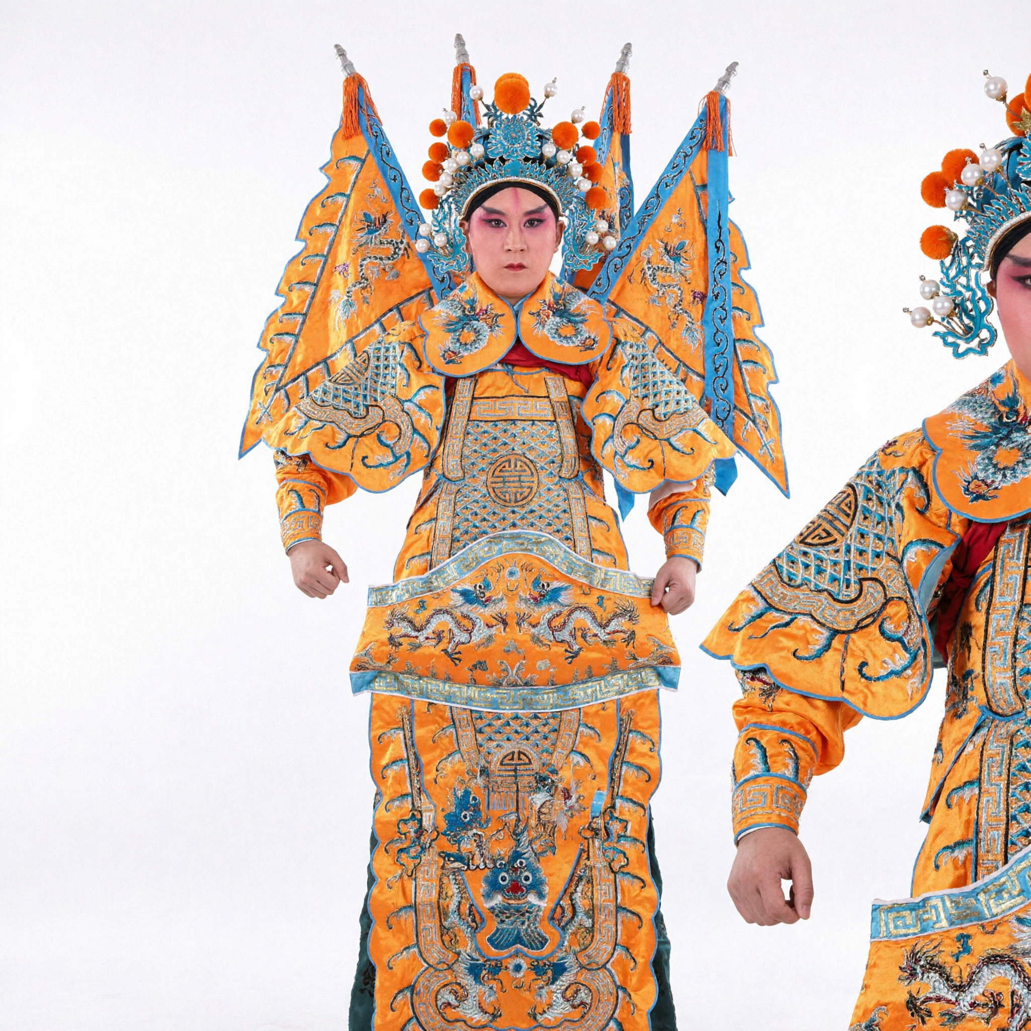 Traditional Chinese Beijing Opera General Costume Orange Embroidered Armor with Flags for Men Stage Performance