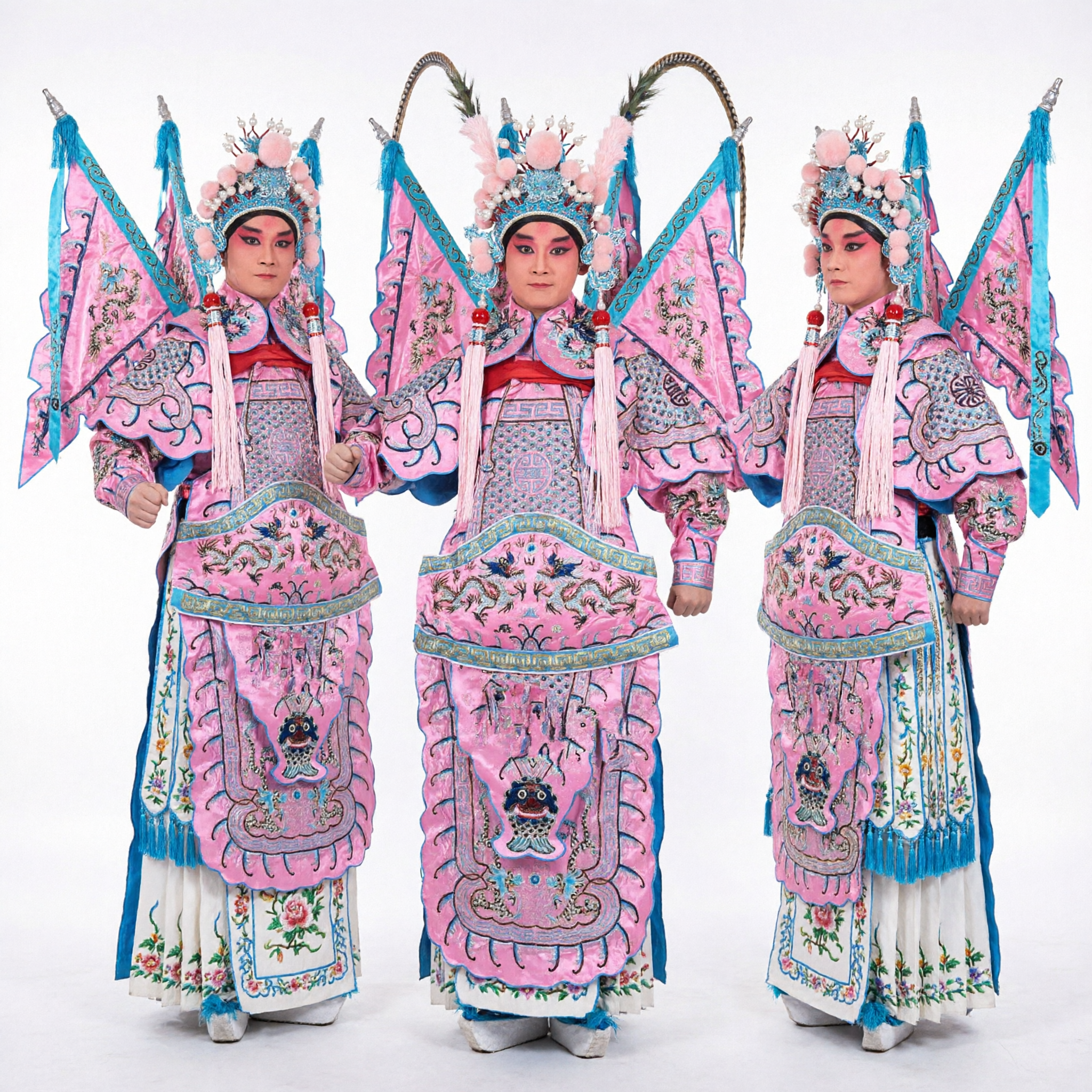 Traditional Chinese Peking Opera Pink General Armor Costume with Flags and Spear for Wusheng Performance