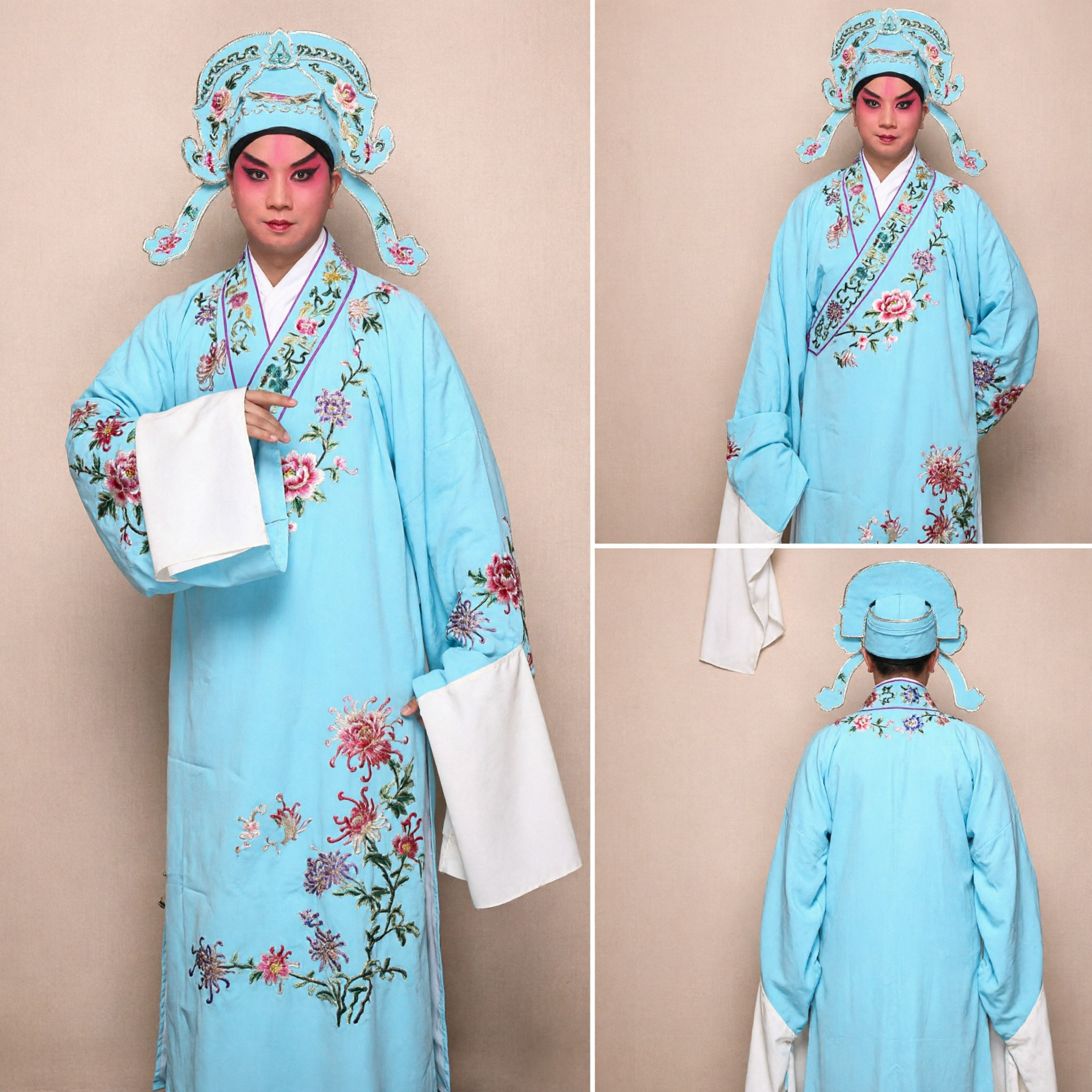 Traditional Chinese Peking Opera Costume Men Blue Xiaosheng Scholar Robe Embroidered Stage Performance Clothing Set