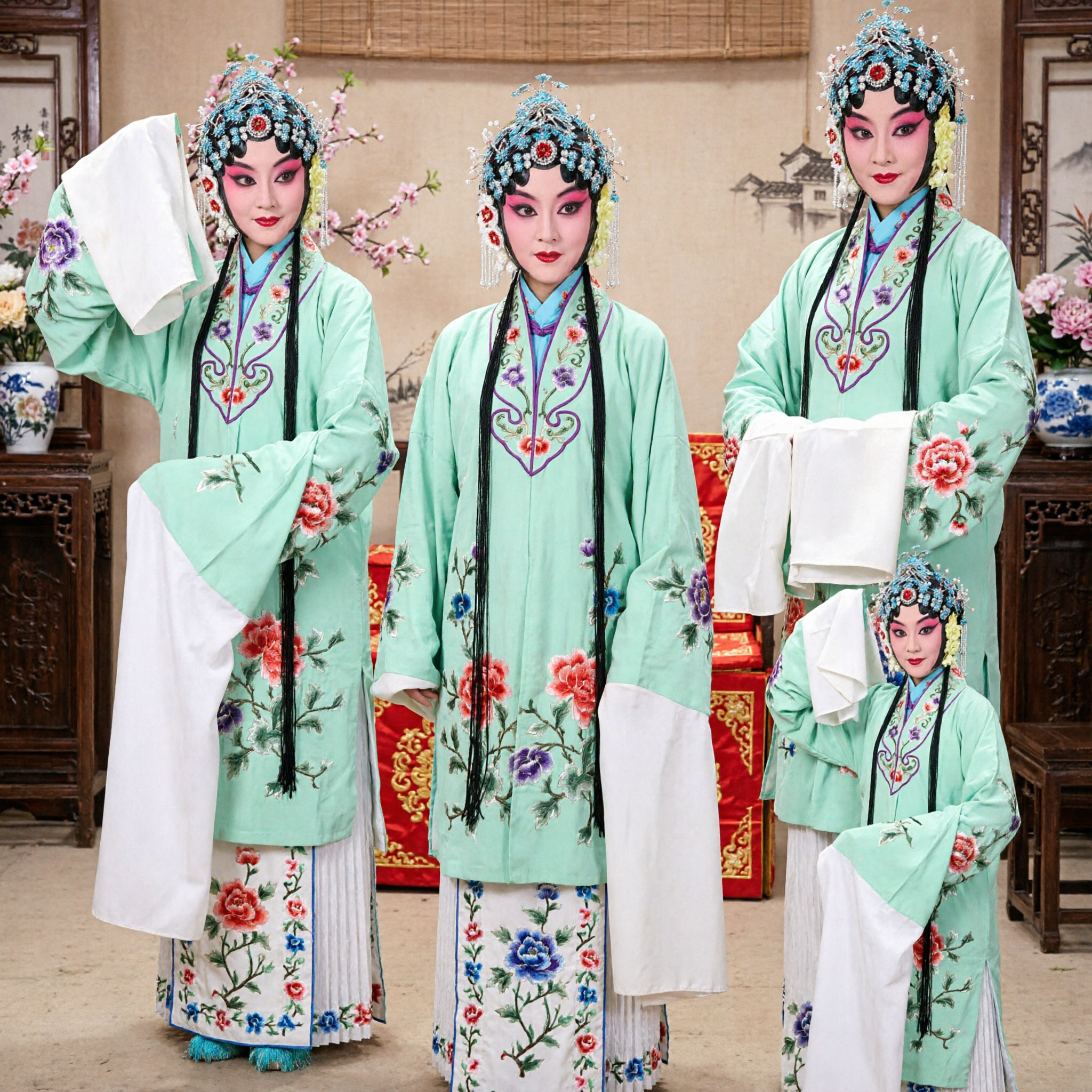 Traditional Chinese Peking Opera Green Embroidered Costume with Water Sleeves for Female Dan Role Stage Performance