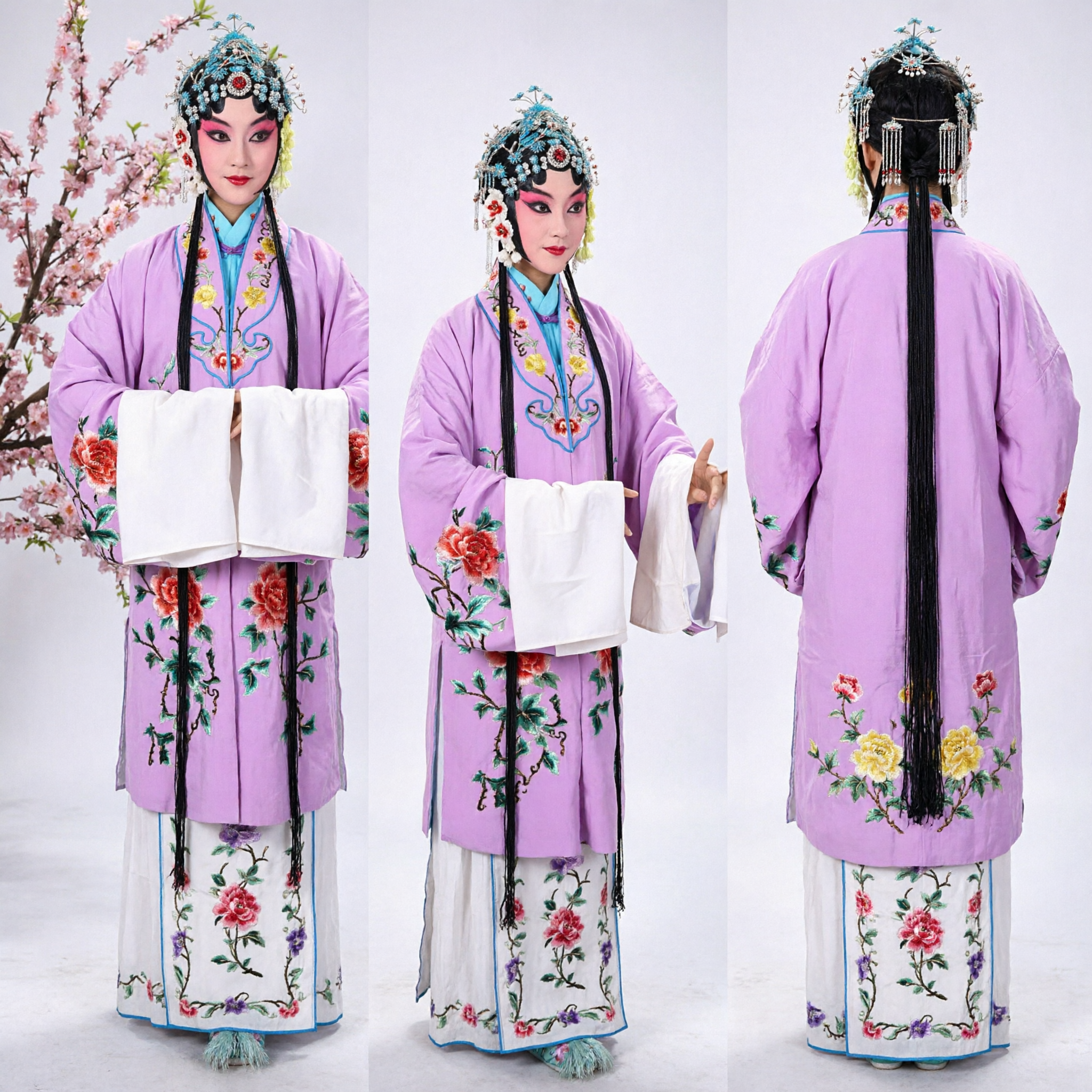 Traditional Chinese Peking Opera Costume Female Purple Embroidered Robe with Water Sleeves Stage Performance Dress