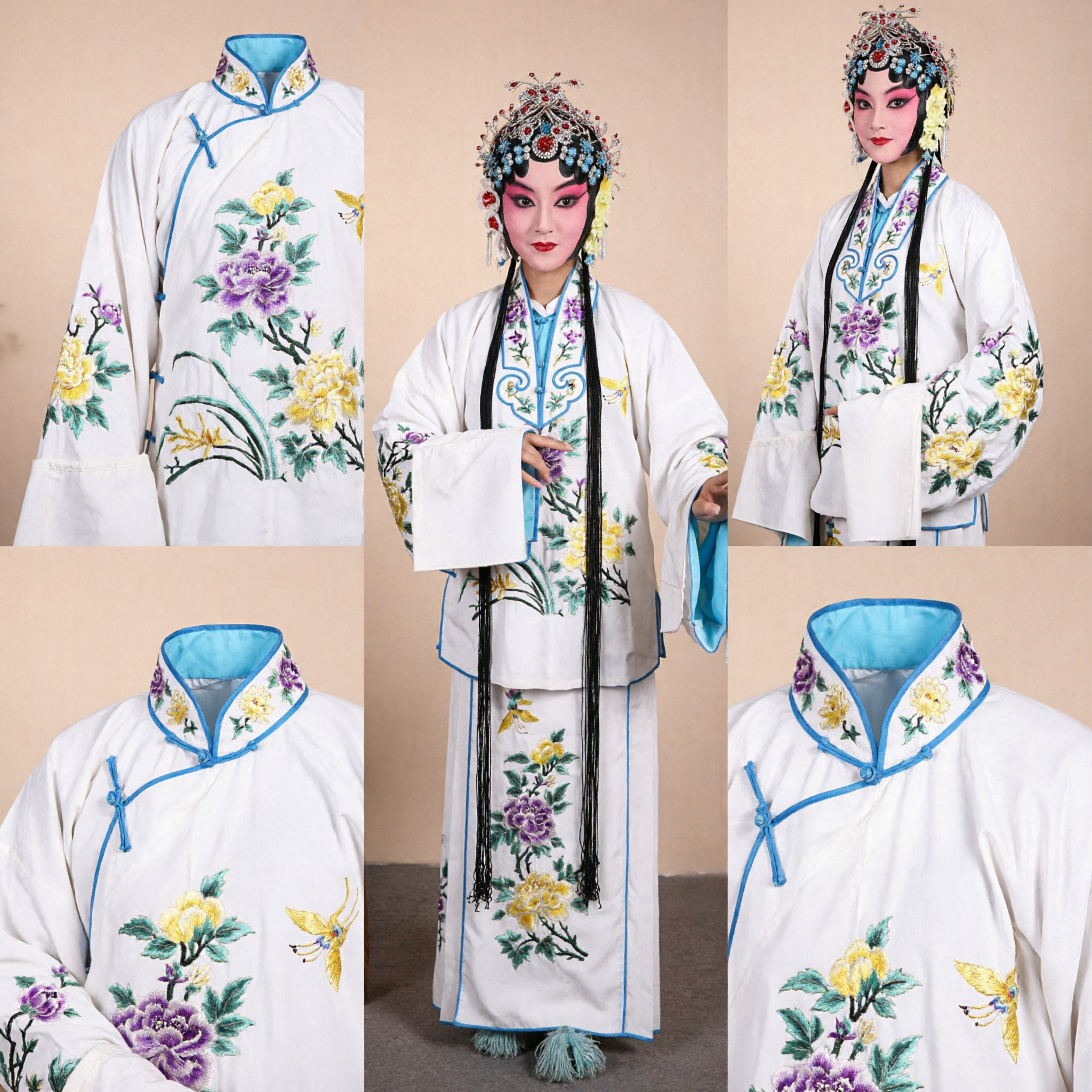 Traditional Chinese Peking Opera Costume White Floral Embroidery Robe for Female Stage Performance and Cosplay