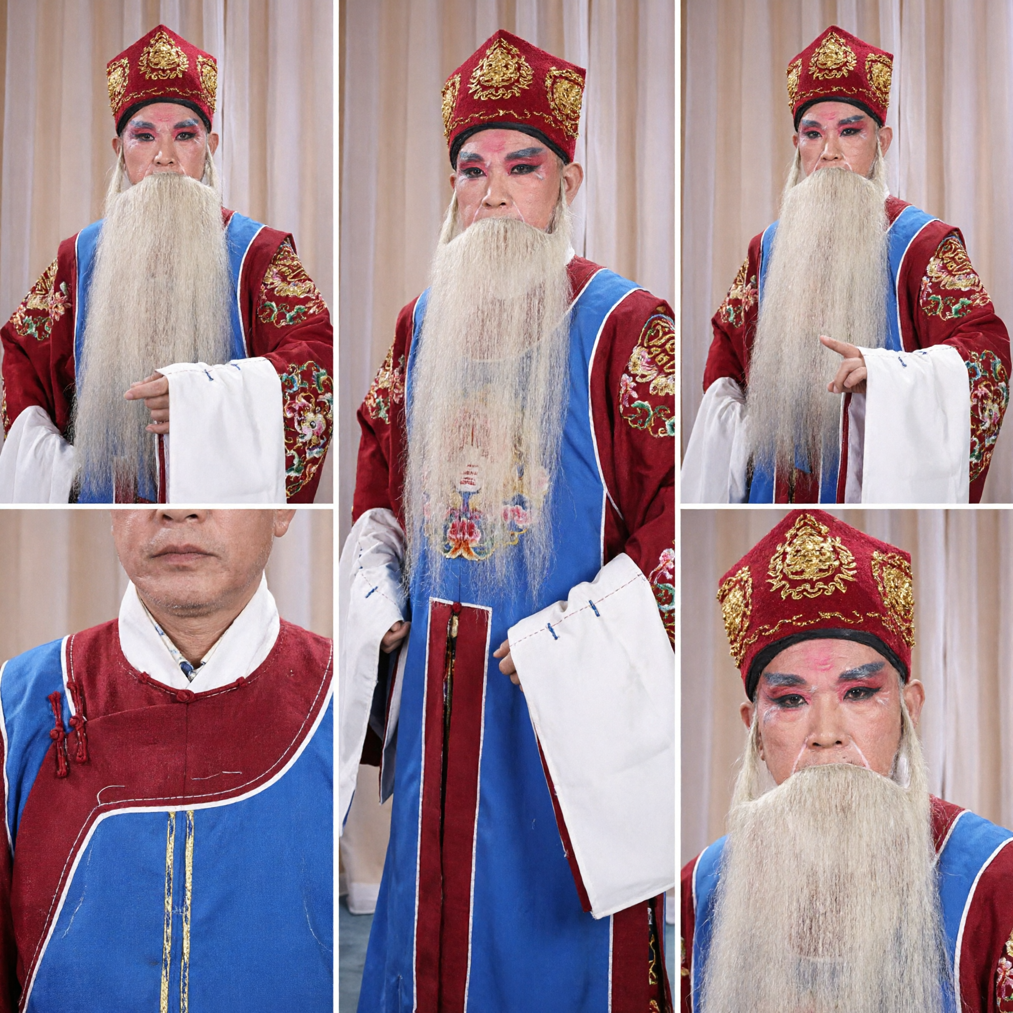 Traditional Chinese Peking Opera Costume Ancient Official Blue Robe with White Beard and Hat for Men Stage