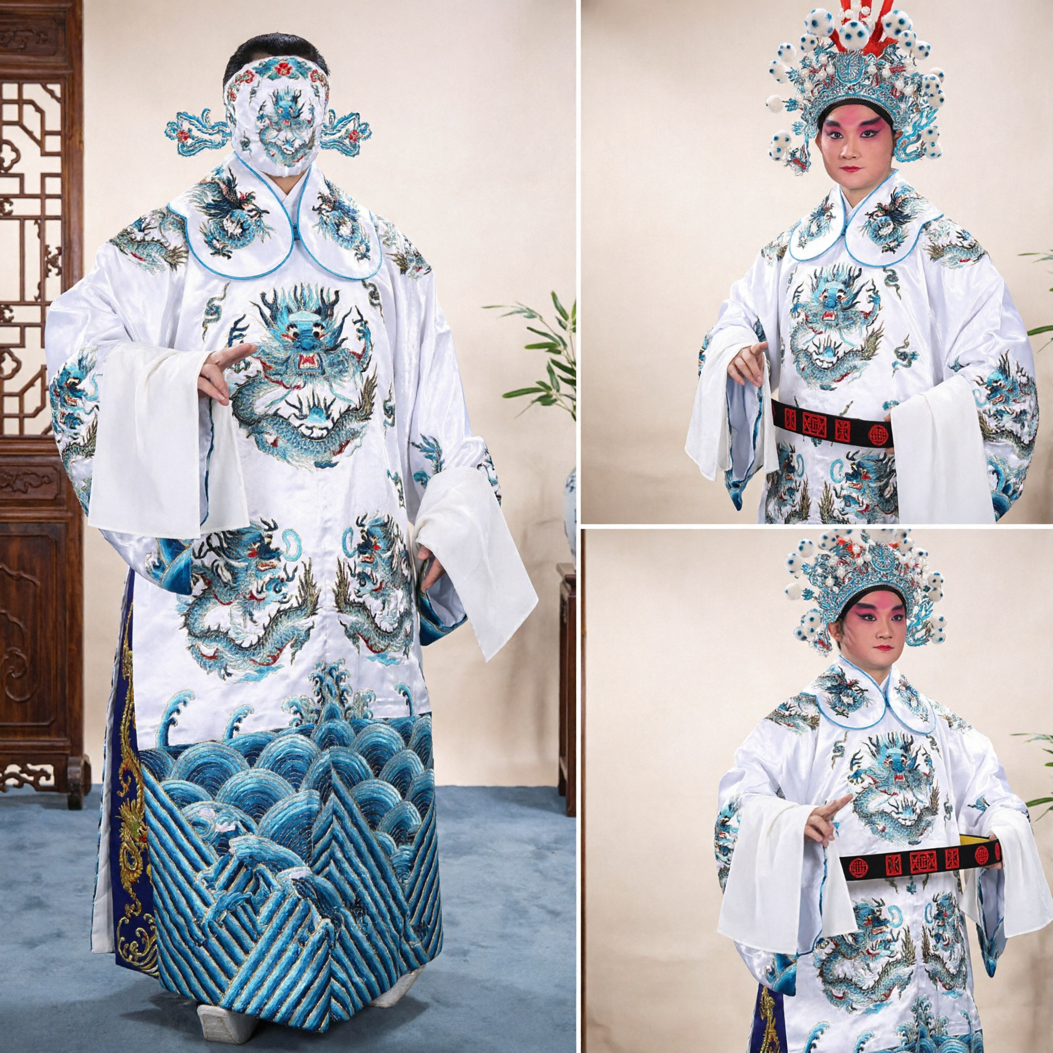 Traditional Chinese Peking Opera Costume White Dragon Embroidered Robe for Male Xiaosheng Stage Performance