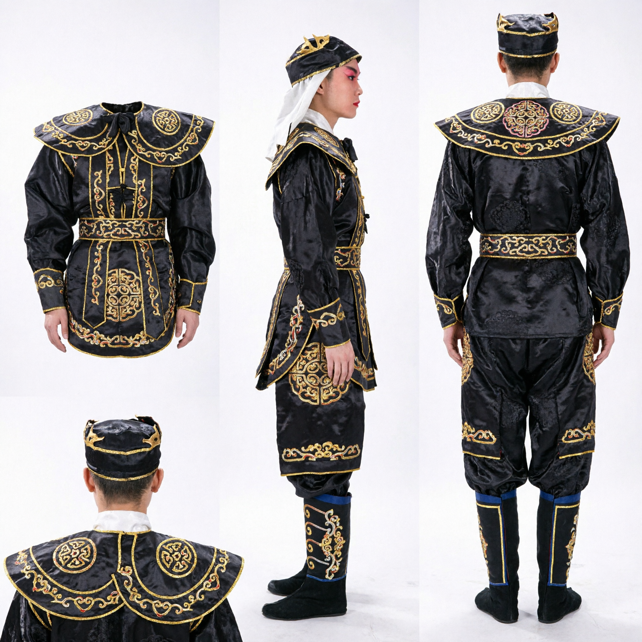 Traditional Chinese Peking Opera General Costume Black Gold Embroidery Warrior Armor Outfit for Men Stage Performance