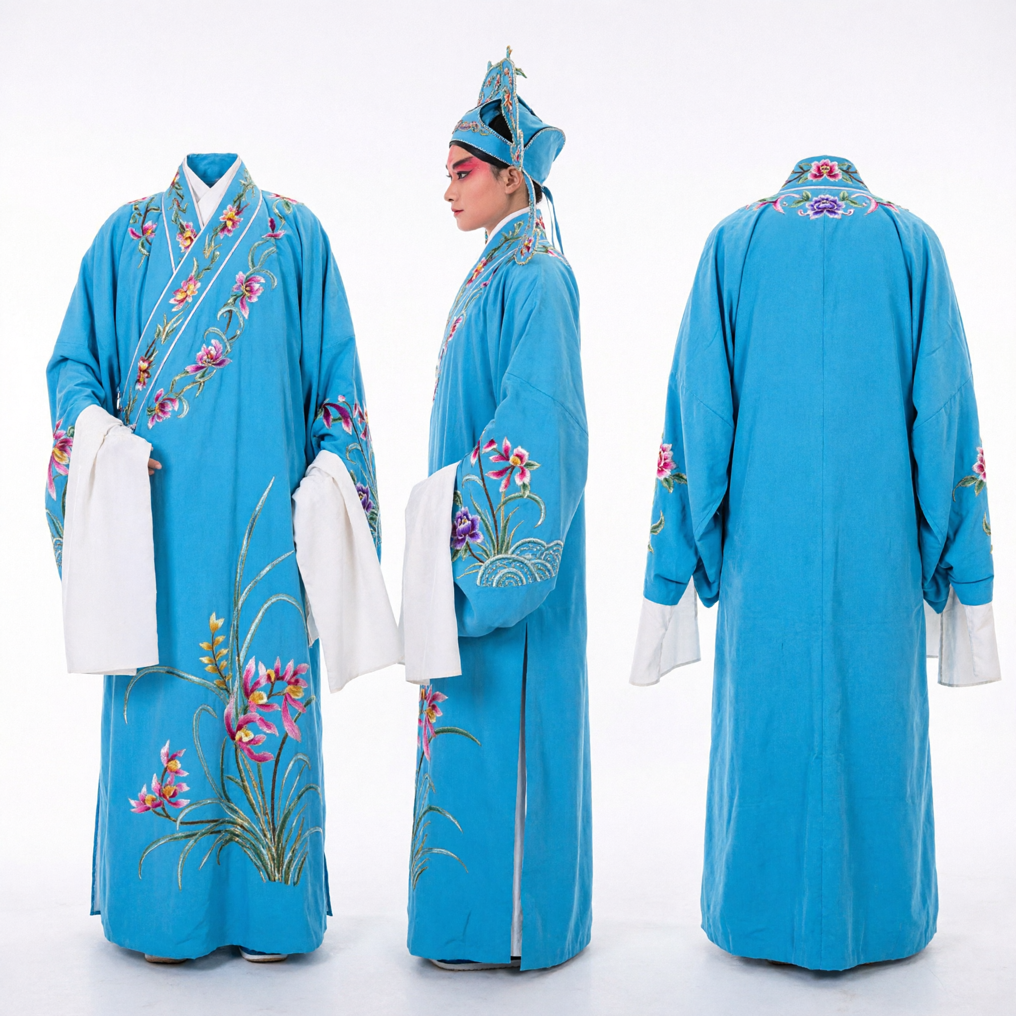 Traditional Chinese Opera Costume Blue Embroidered Scholar Robe with Headdress for Stage Performance and Cosplay