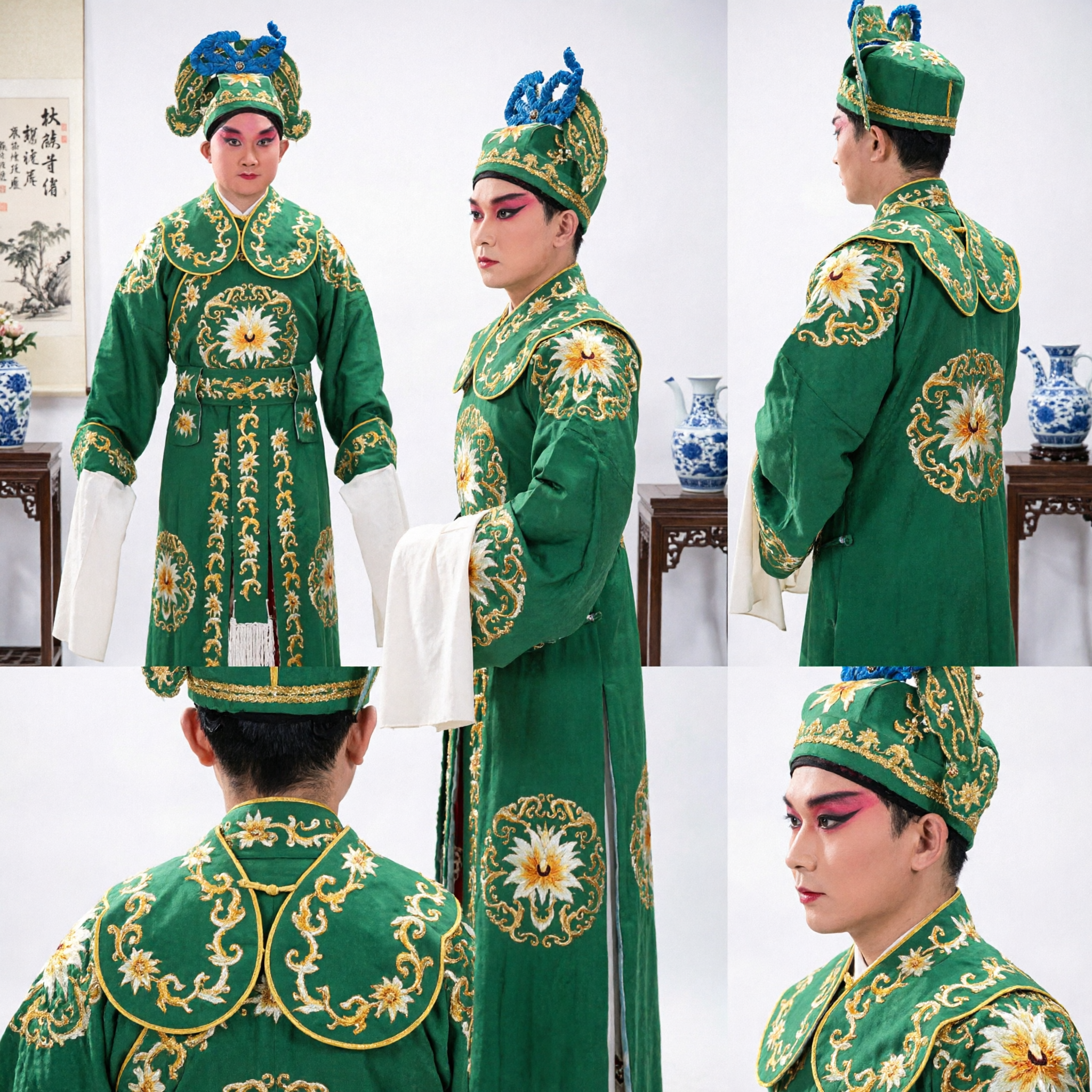 Traditional Chinese Peking Opera Green Embroidered Robe Costume Set for Men Martial Stage Performance