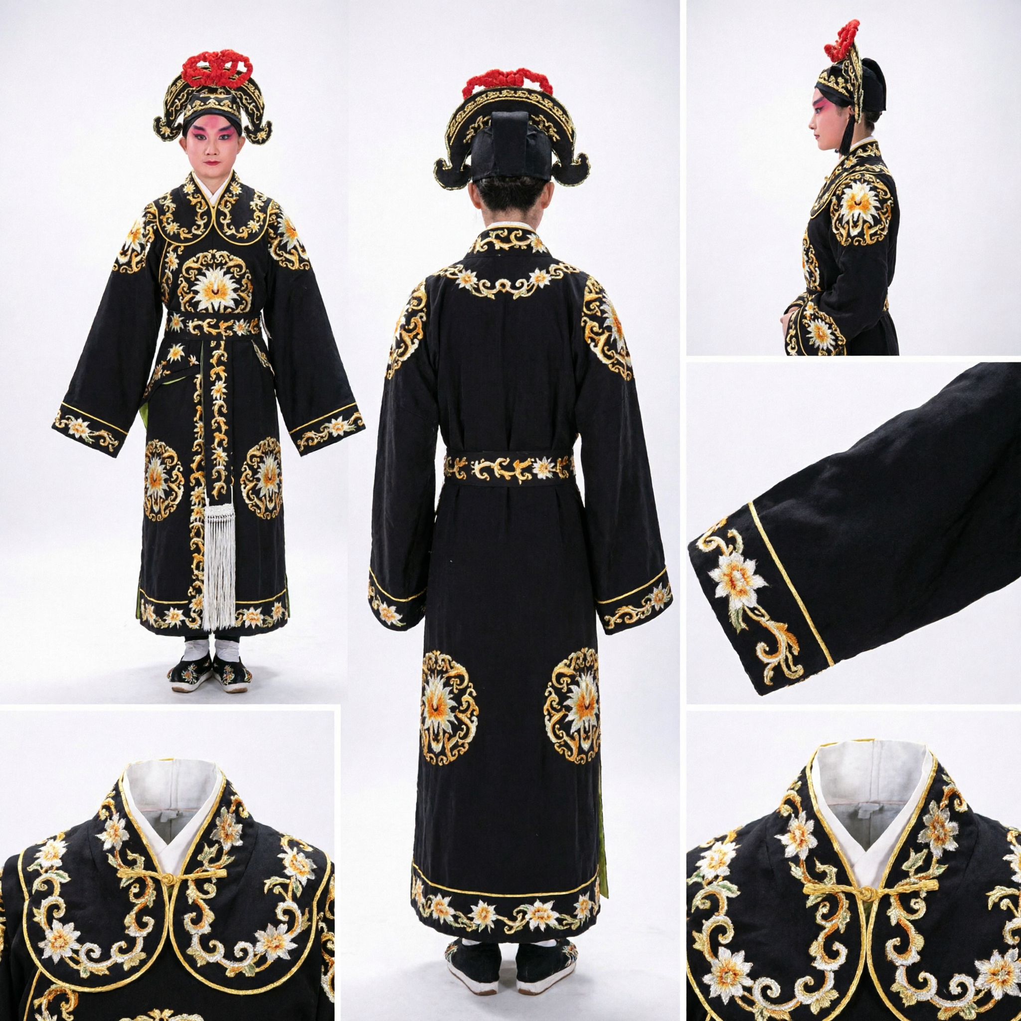 Traditional Chinese Peking Opera General Costume for Men Black Gold Embroidered Warrior Robe with Headdress and Spear