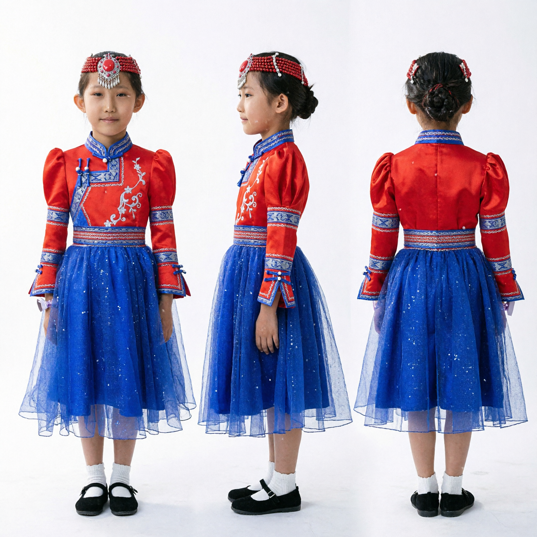 Traditional Mongolian Dance Costume for Girls Kids Ethnic Red Blue Dress with Headpiece