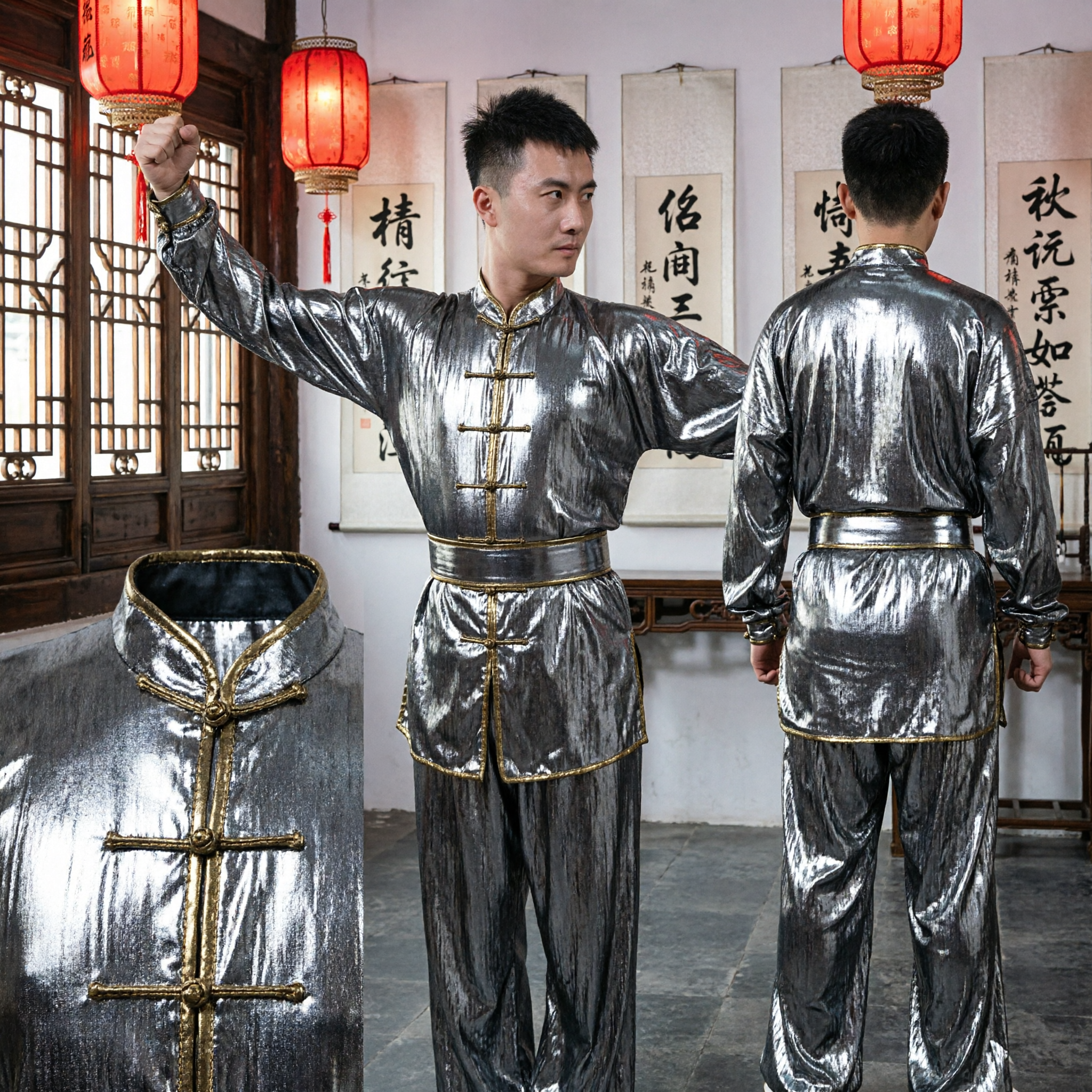 Men's Metallic Grey Kung Fu Uniform Traditional Tai Chi Wushu Martial Arts Performance Suit