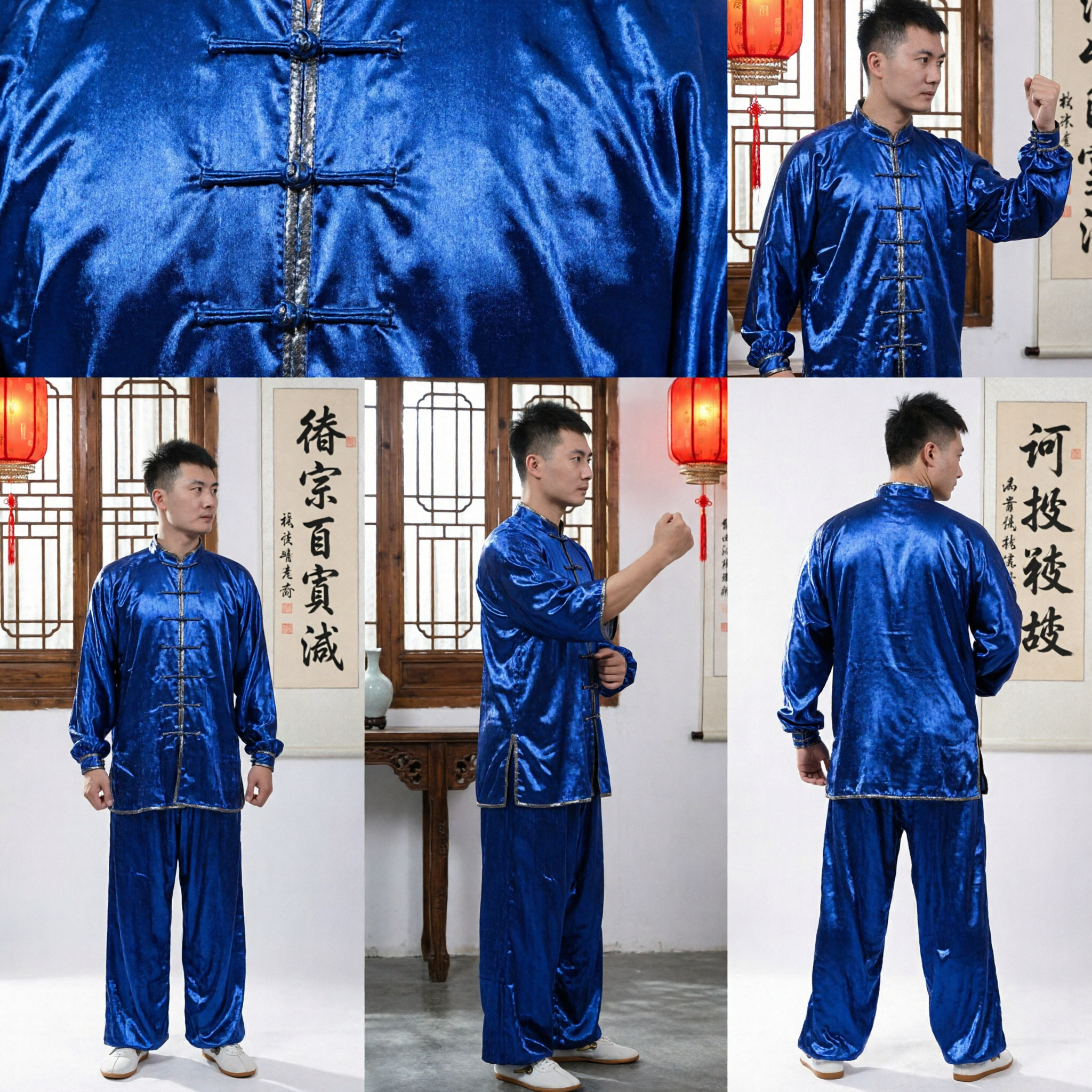 Men's Royal Blue Satin Kung Fu Uniform Traditional Chinese Martial Arts Tai Chi Wushu Suit for Training Performance