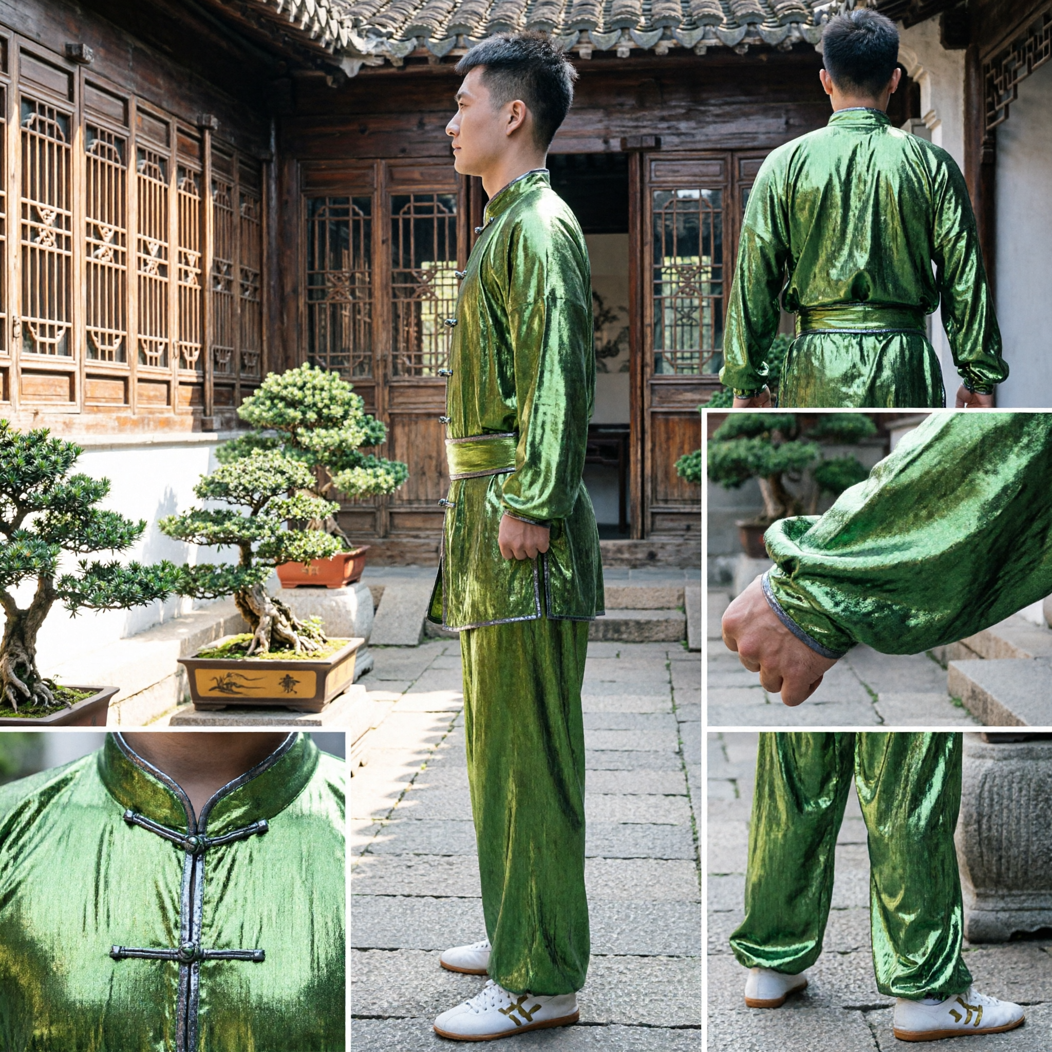 Professional Men's Green Satin Kung Fu Uniform Traditional Chinese Martial Arts Tai Chi Training Costume