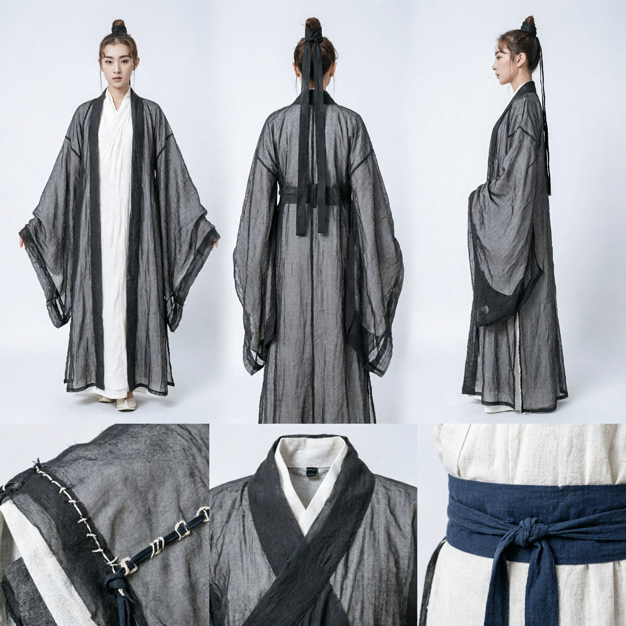 Traditional Chinese Wuxia Swordsman Hanfu Costume Ancient Martial Arts Grey Gauze Robe for Men Cosplay