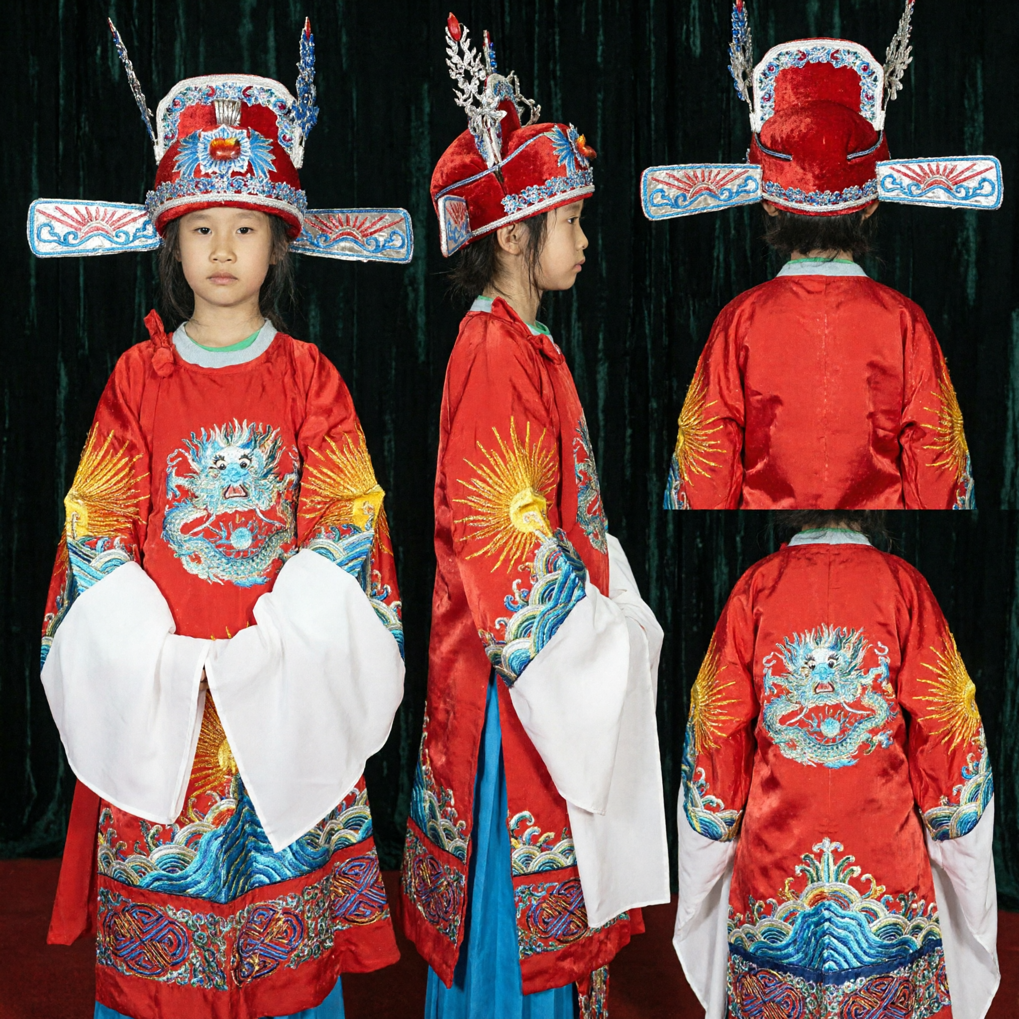 Kids Traditional Chinese Peking Opera Costume Red Dragon Robe Scholar Hat for Stage Performance Festival
