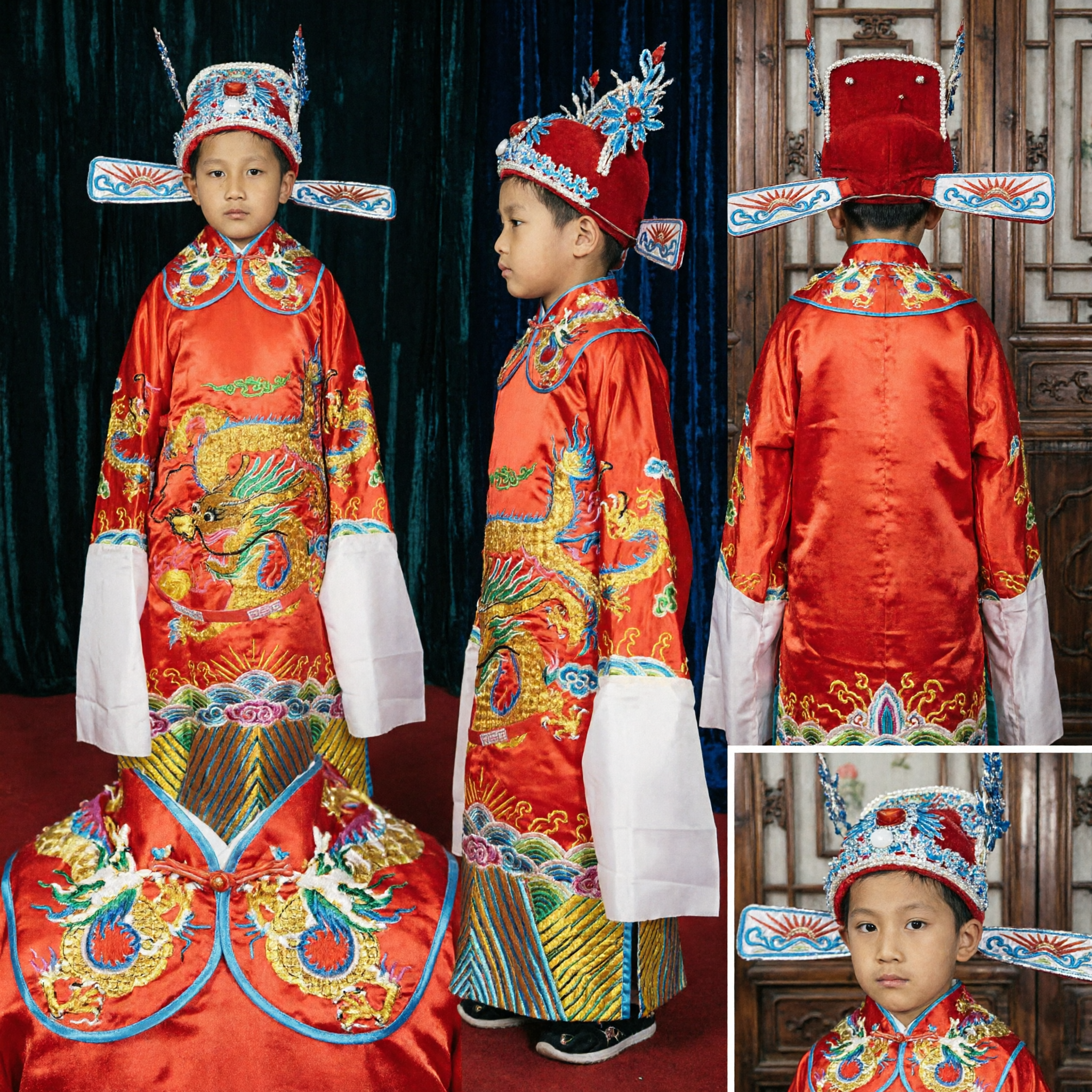 Children's Traditional Chinese Peking Opera Costume Red Dragon Robe Official Hat Set for Boys Stage Performance