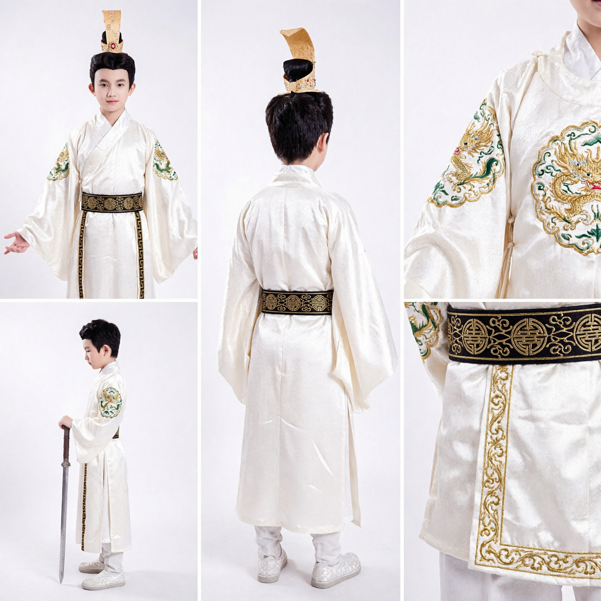 Traditional Ancient Chinese Swordsman Hanfu Costume for Boys White Fur Robe with Crown for Kids Performance