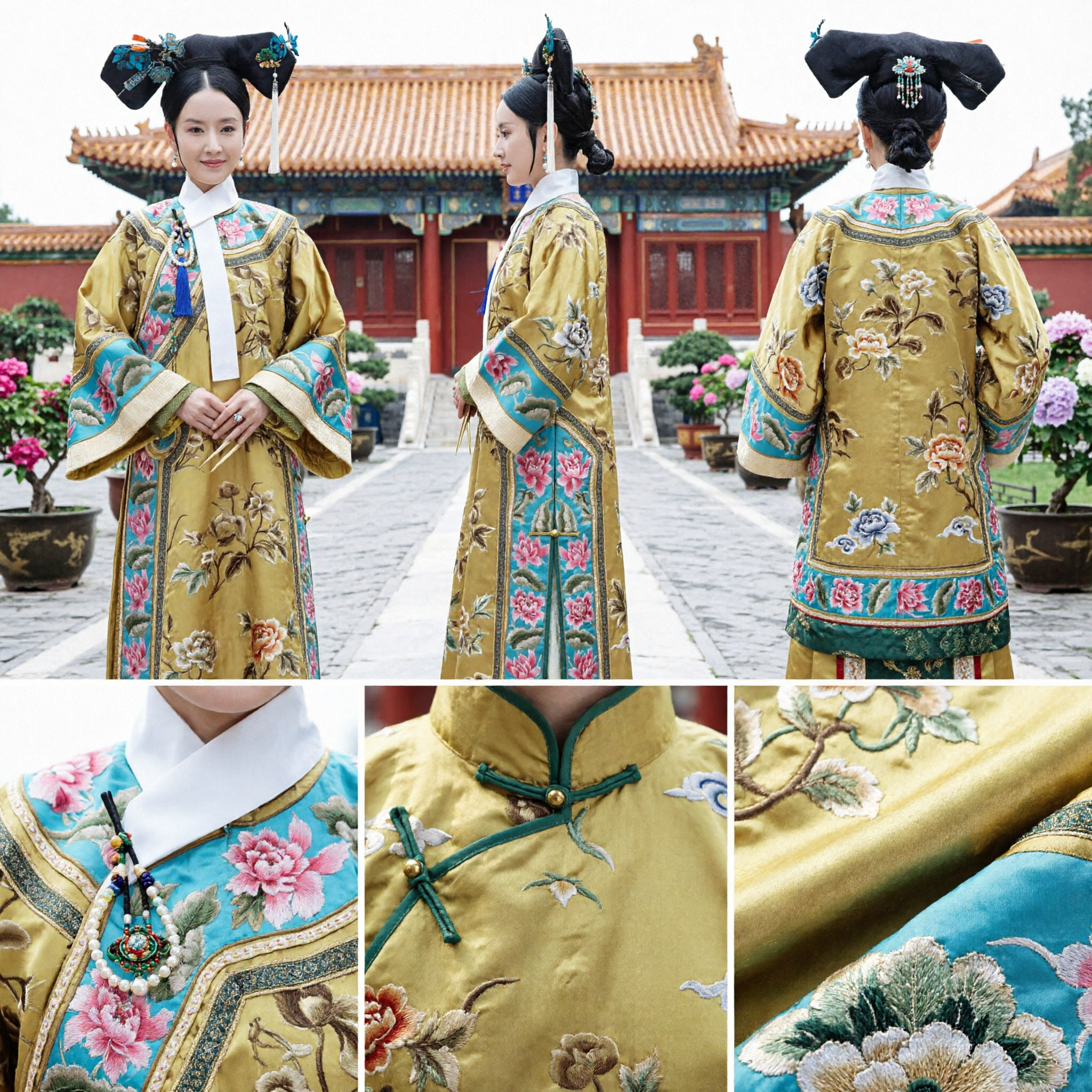 Traditional Chinese Qing Dynasty Manchu Princess Costume Yellow Embroidered Robe Ancient Palace Drama Clothing for Women