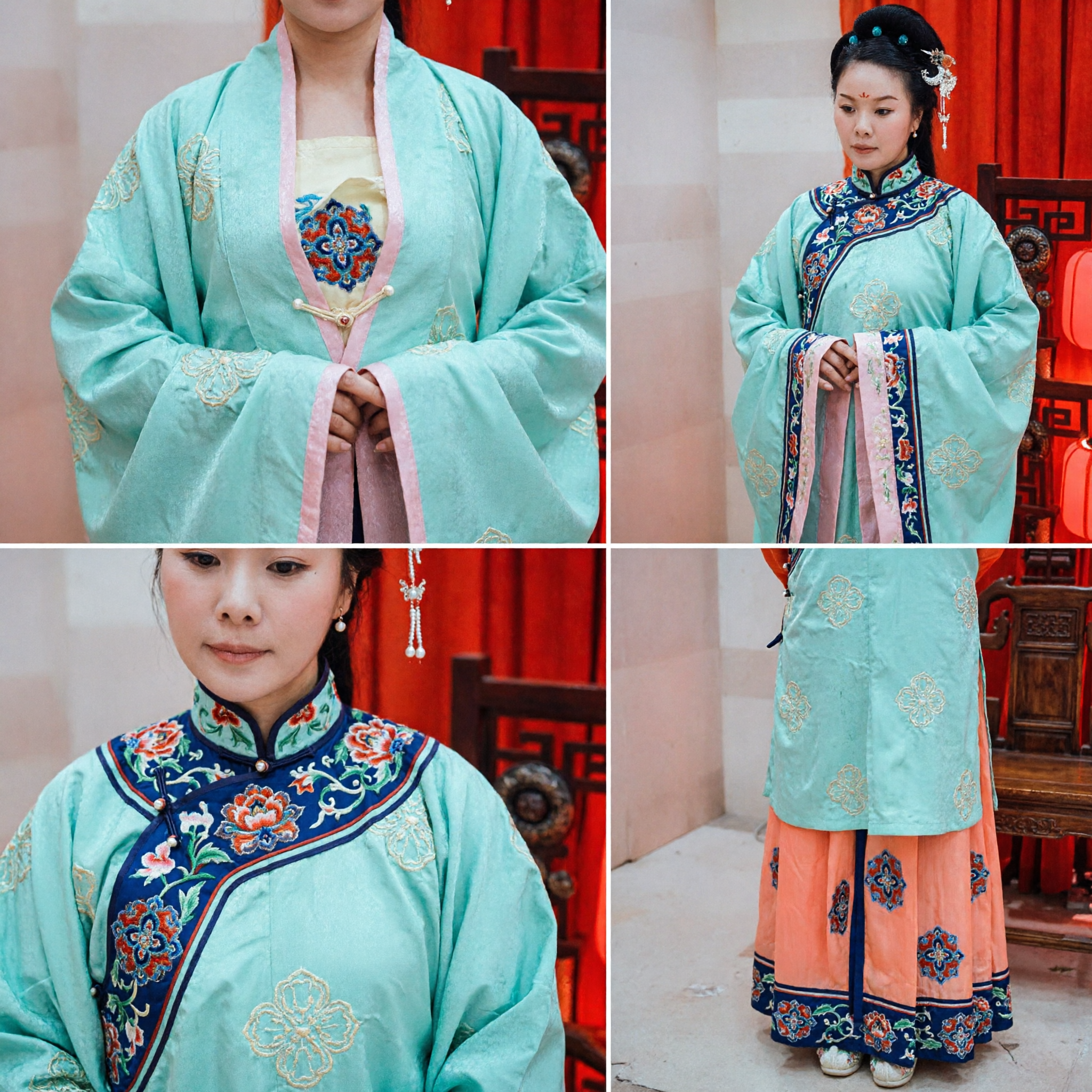 Traditional Chinese Hanfu Costume Women Ancient Princess Dress Green Wide Sleeve Top Orange Skirt for Cosplay and Performance