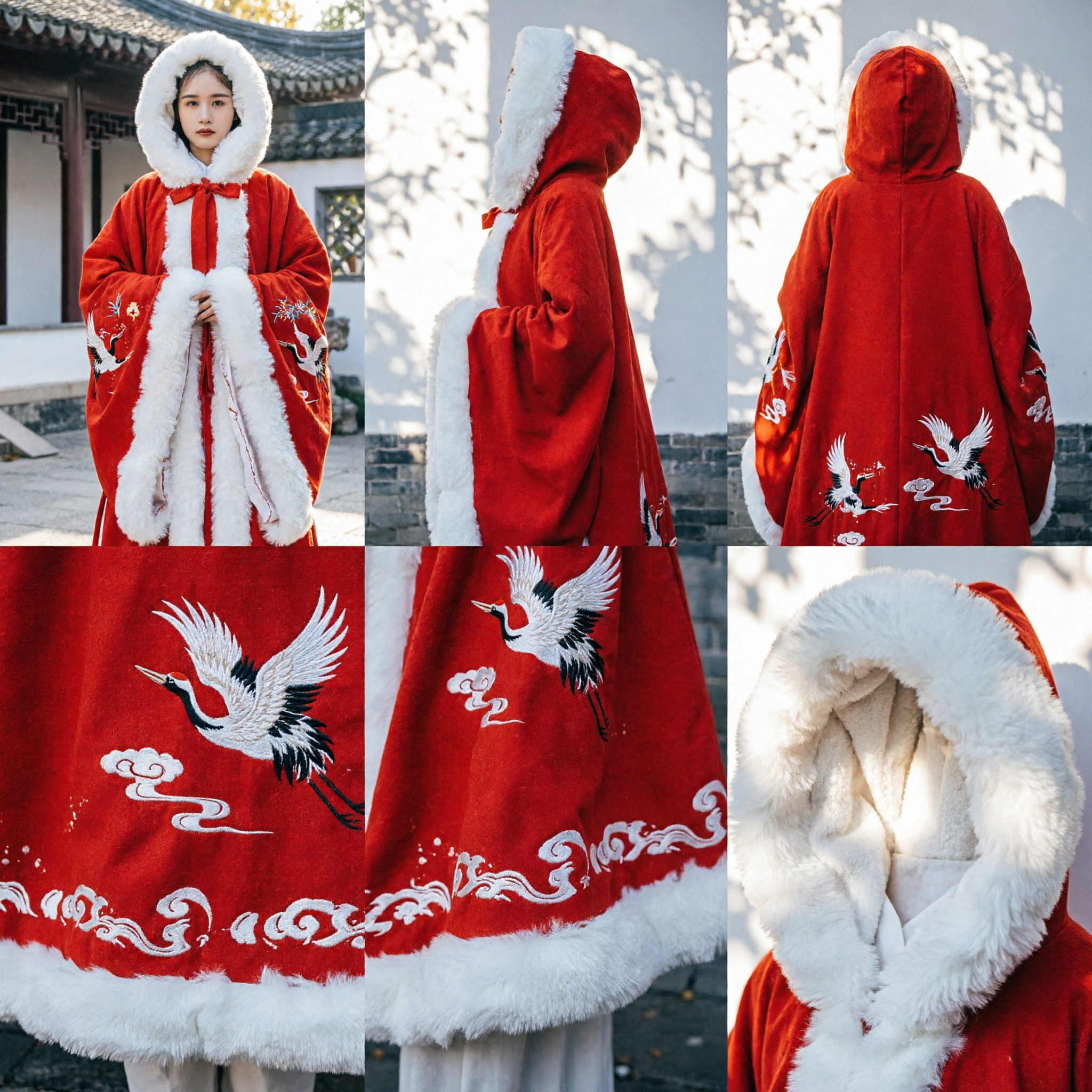 Traditional Chinese Red Hanfu Cloak with White Fur Trim and Crane Embroidery for Women Winter Wear