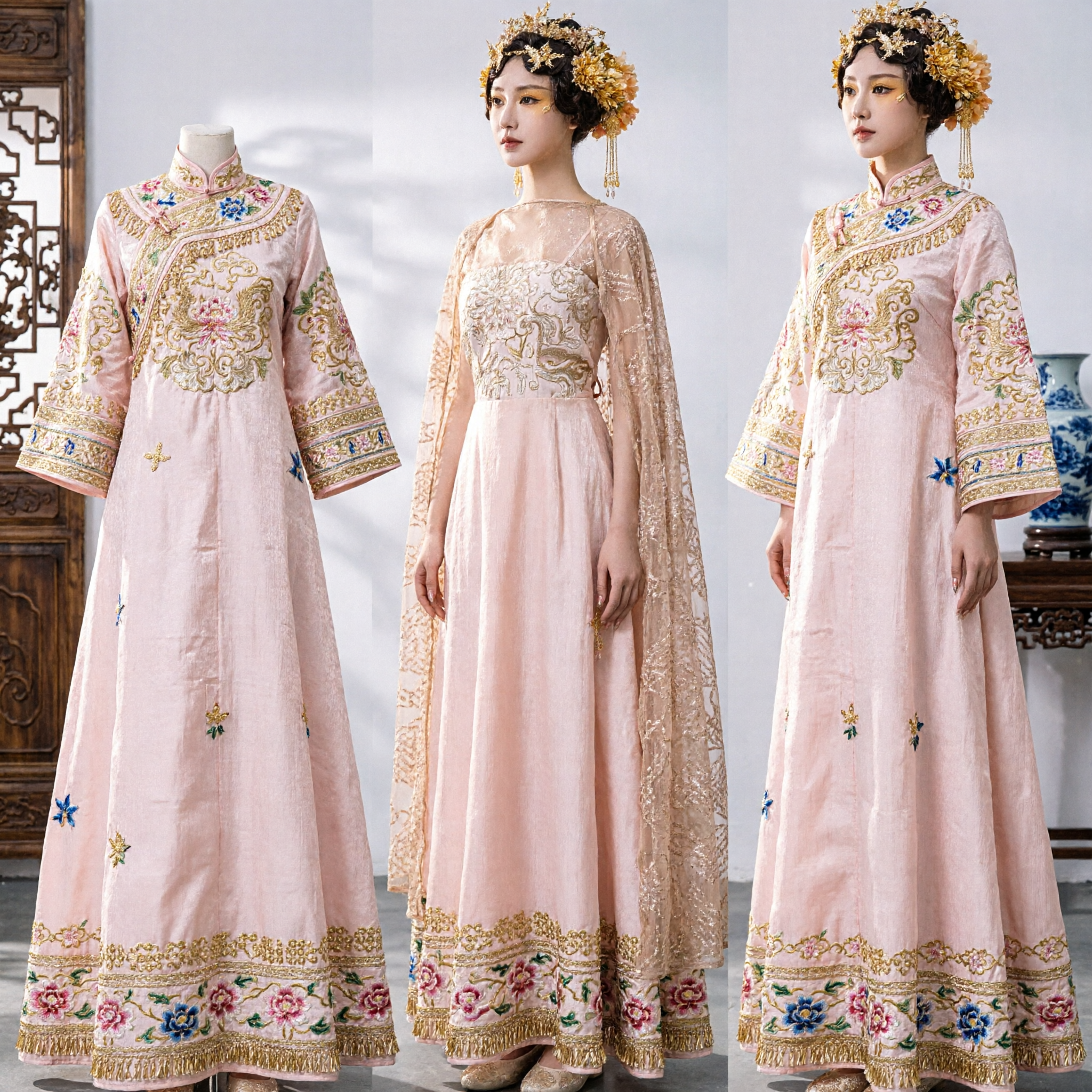Luxurious Traditional Chinese Ancient Style Evening Gown with Gold Lace Cape for Women Formal Wear