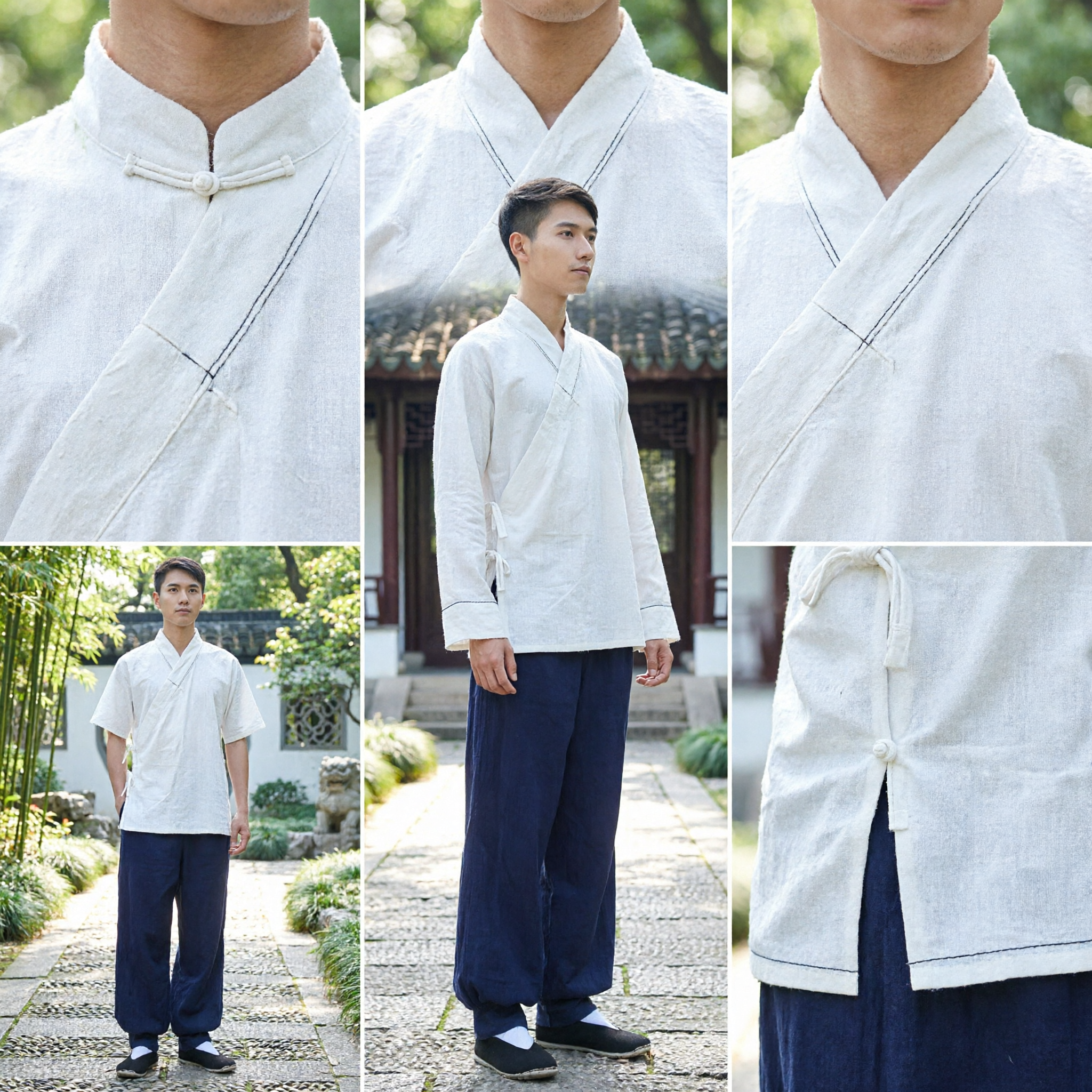 Men's Traditional Chinese Tang Suit White Short Sleeve Top Navy Blue Pants for Tai Chi Kung Fu Uniform